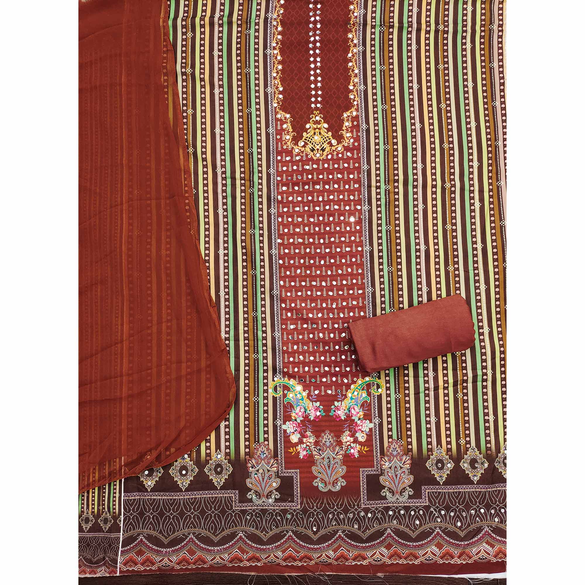 Rust Rayon Dress Material With Floral Digital Print & Sparkling Mirror Accents