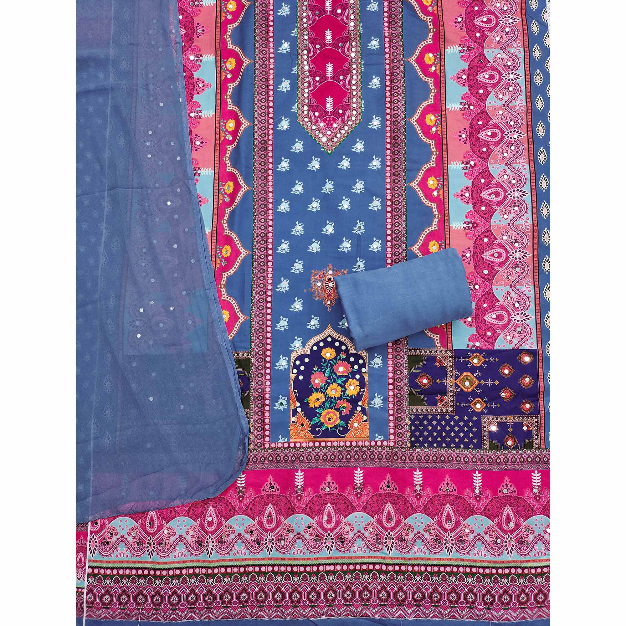 Blue Floral Digital Printed Rayon Dress Material Enhanced With Mirror Work