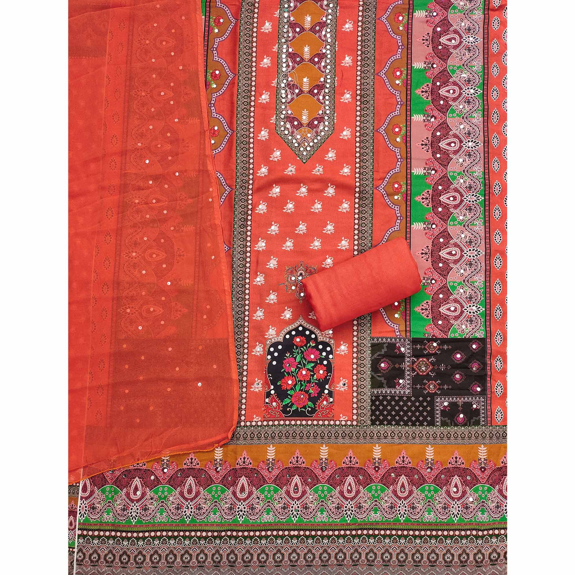 Orange Floral Digital Printed Rayon Dress Material Enhanced With Mirror Work