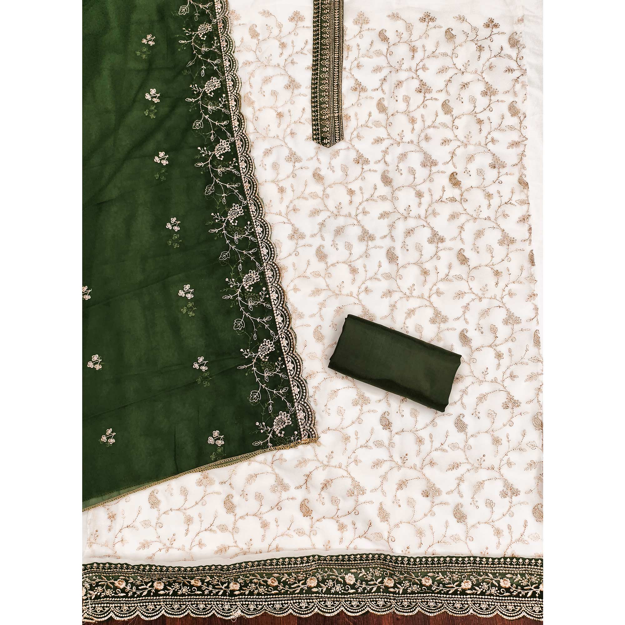 White & Green Georgette Dress Material Showcasing Elegant Floral Thread Embroidery Work