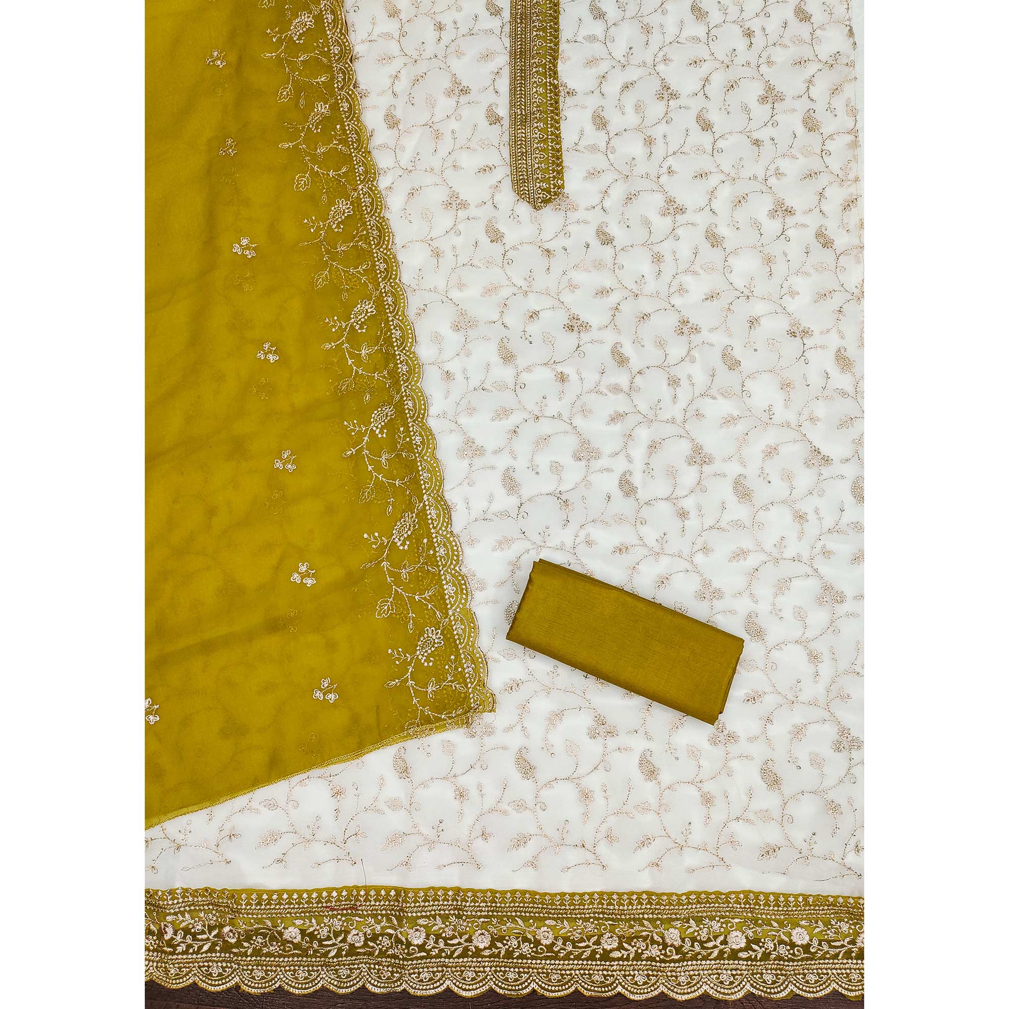 White & Mustard Georgette Dress Material Showcasing Elegant Floral Thread Embroidery Work