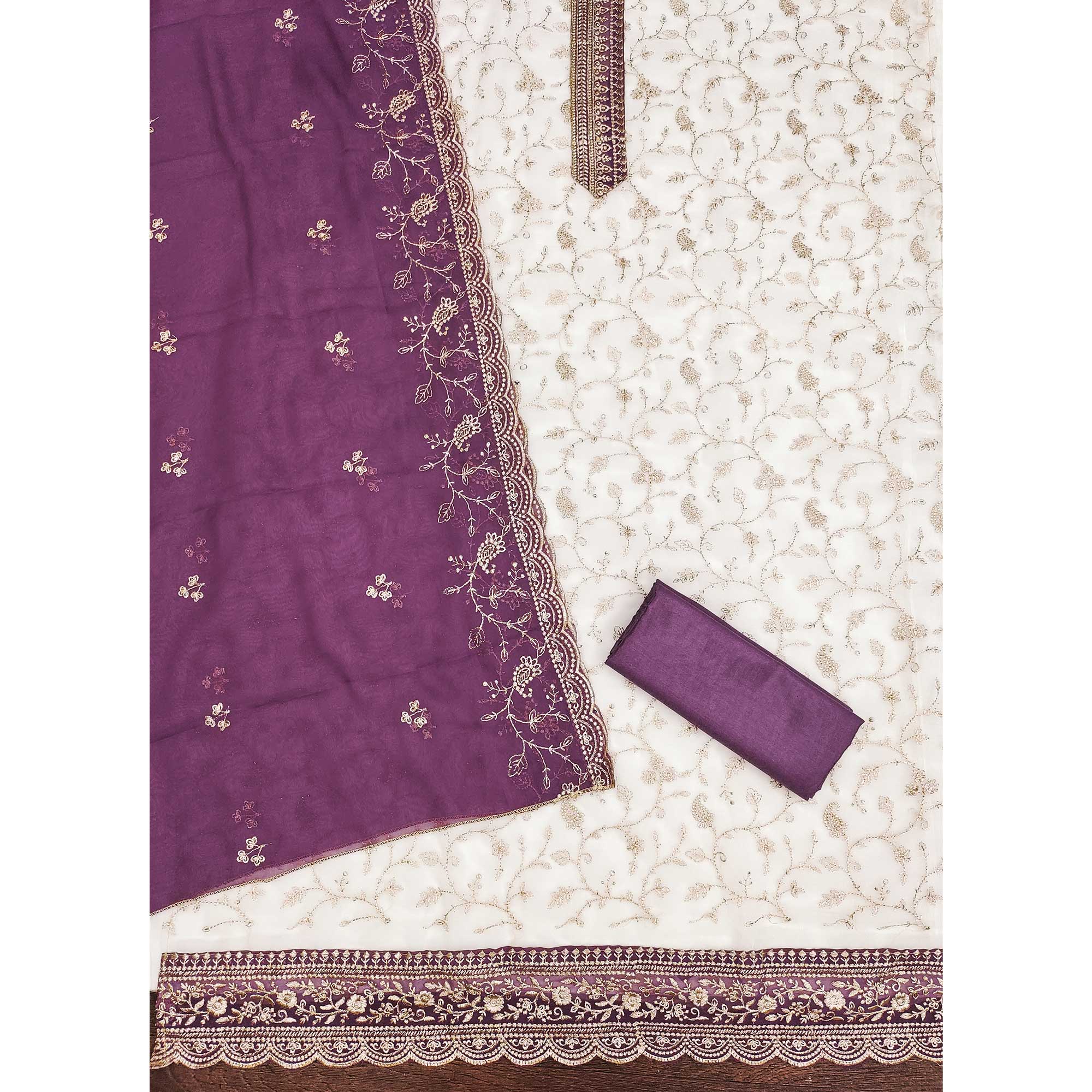 White & Purple Georgette Dress Material Showcasing Elegant Floral Thread Embroidery Work