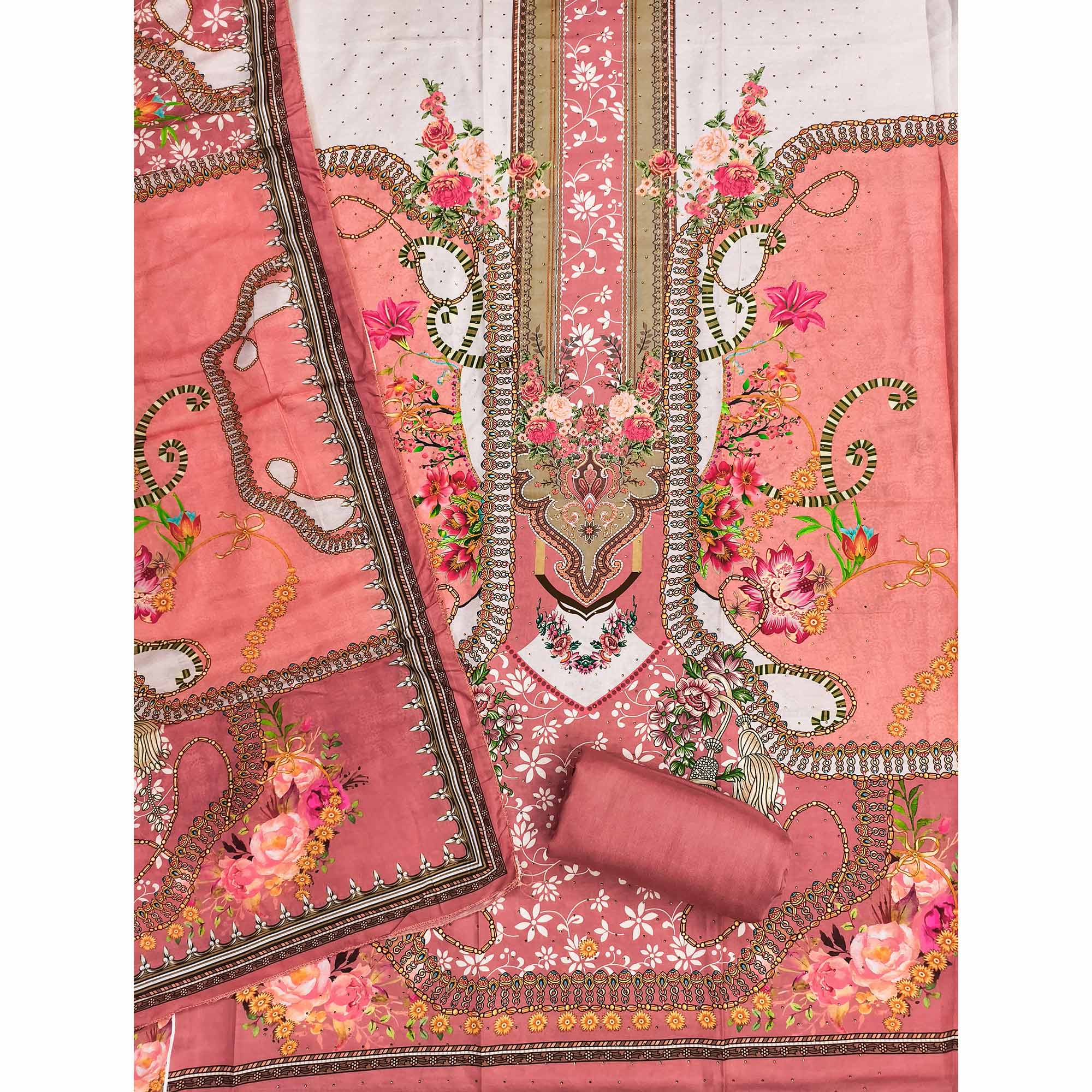 Gajari Pink Muslin Dress Material Featuring Elegant Floral Digital Print With Swarovski Work