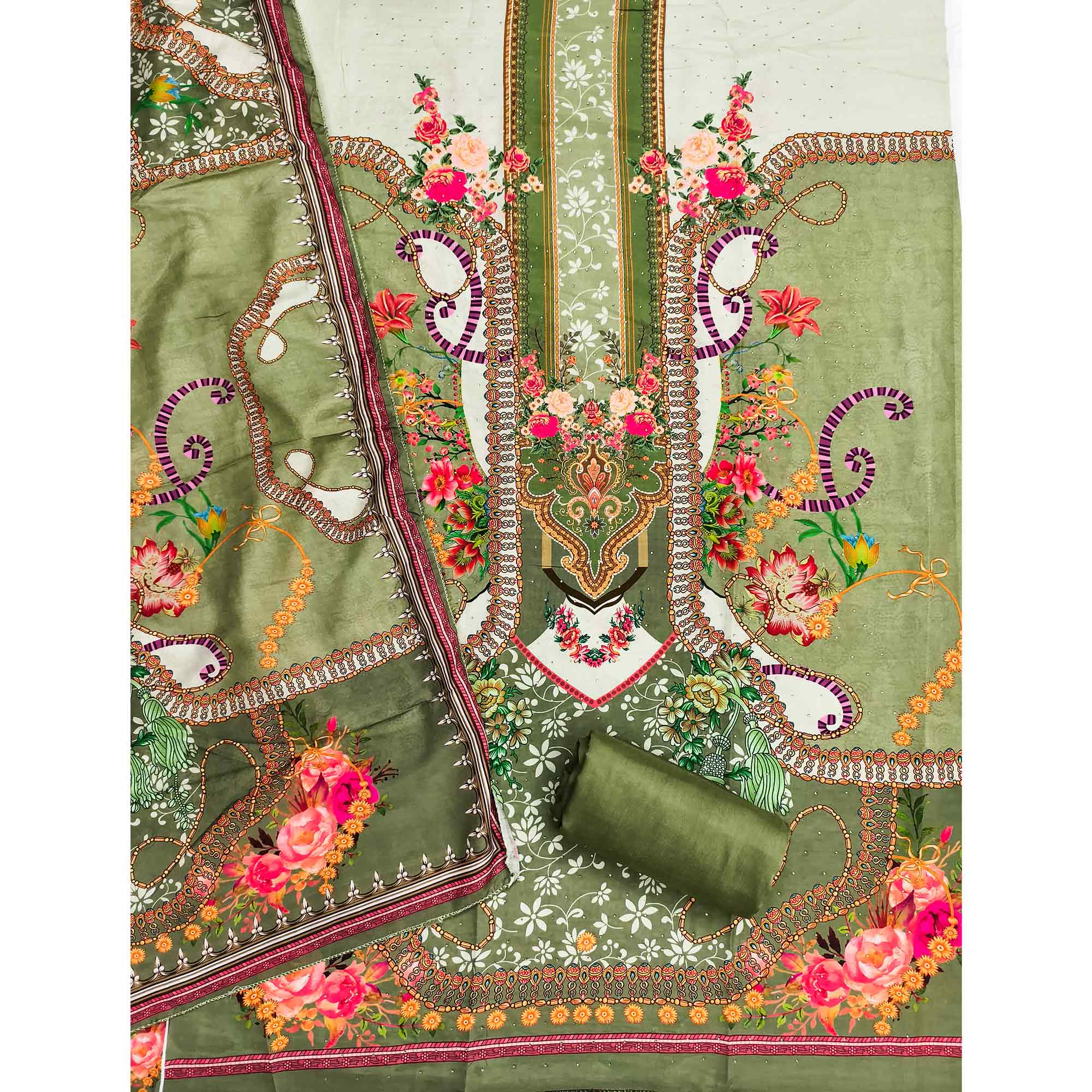 Green Muslin Dress Material Featuring Elegant Floral Digital Print Adorned With Swarovski Work