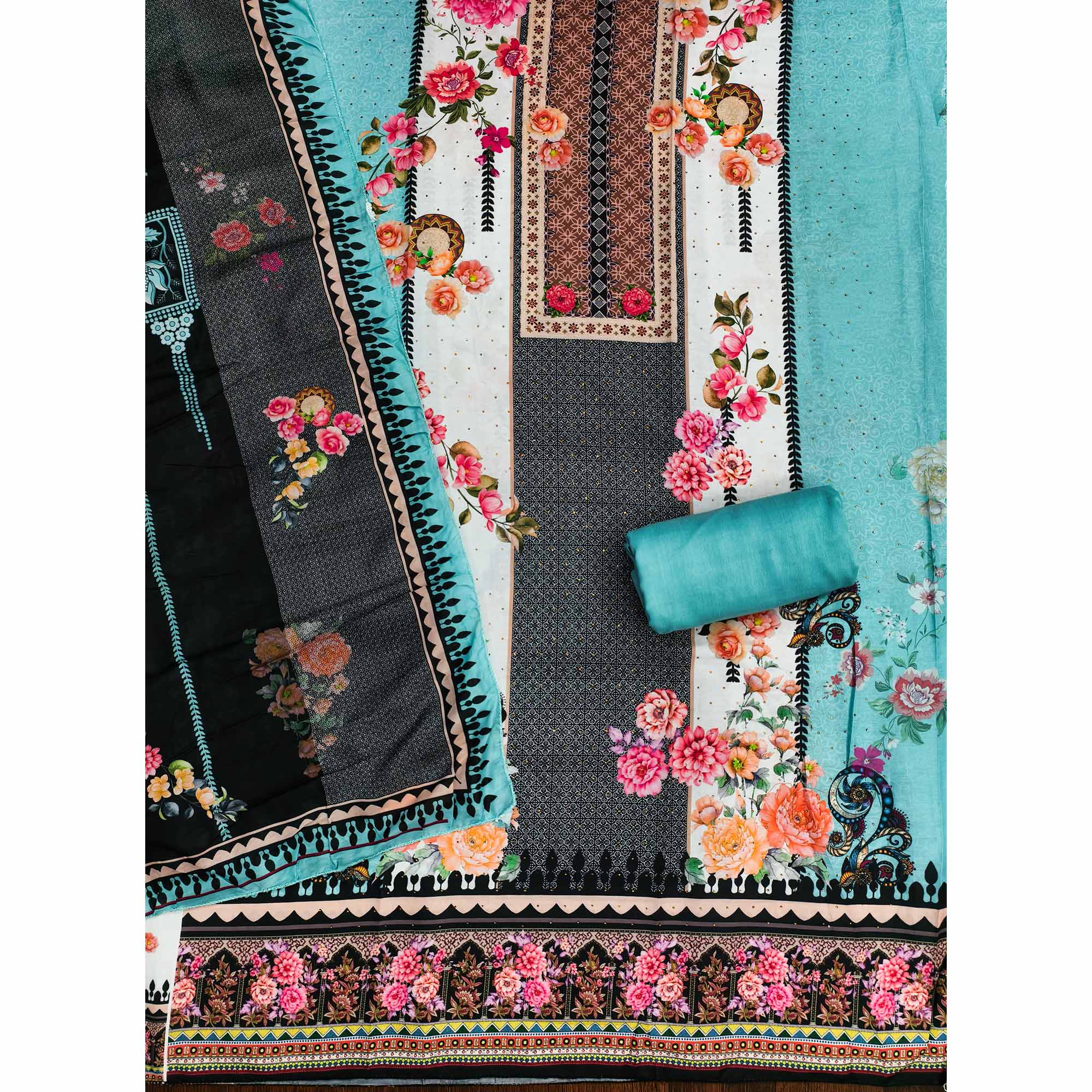 Charming Blue Floral Digital Printed Muslin Dress Material With Subtle Swarovski Work