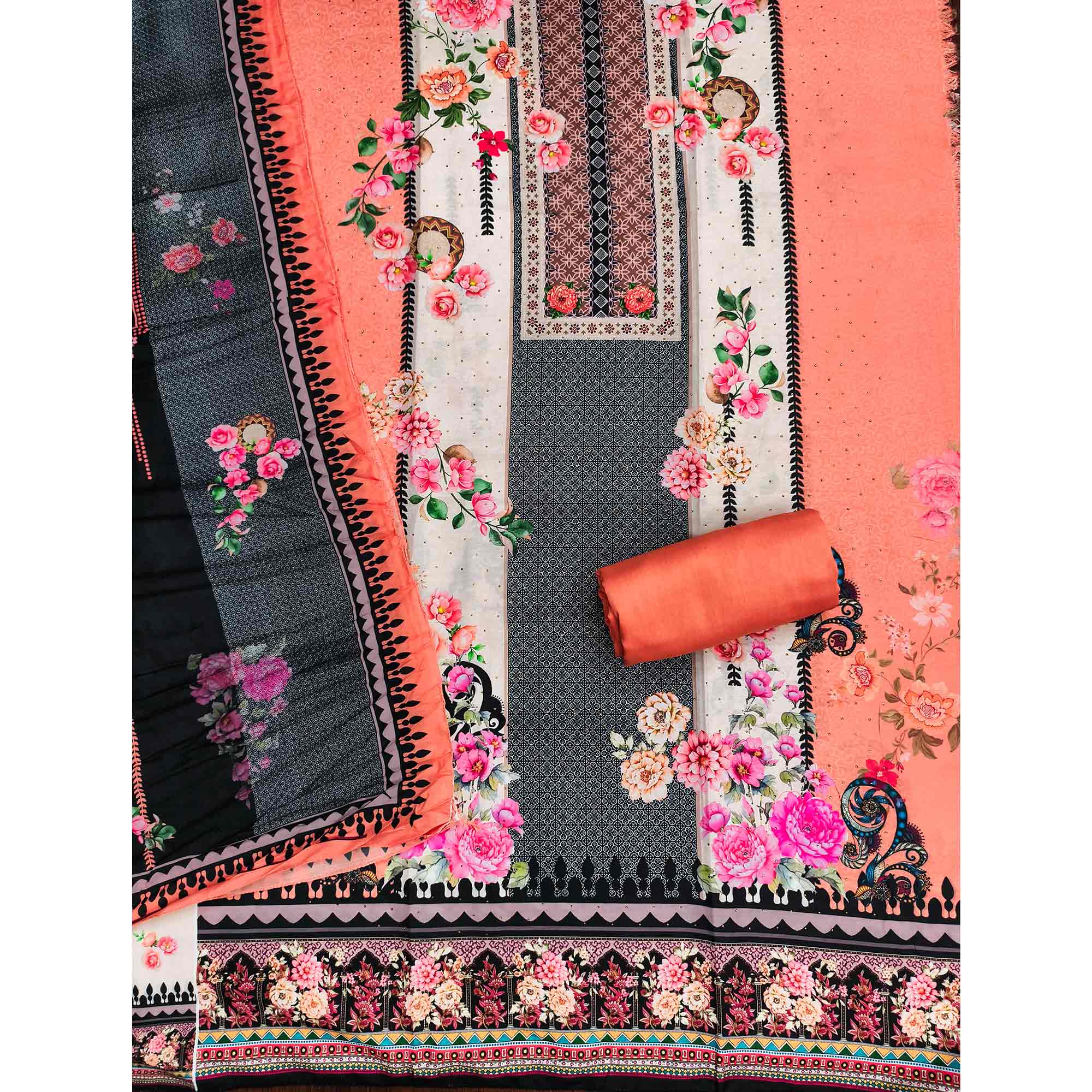 Charming Orange Floral Digital Printed Muslin Dress Material With Subtle Swarovski Work