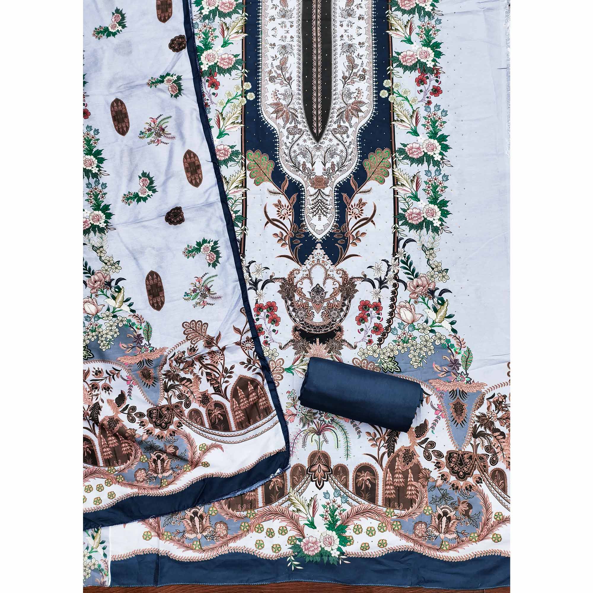 Grey Floral Digital Printed Muslin Dress Material Enhanced With Shimmering Swarovski Work