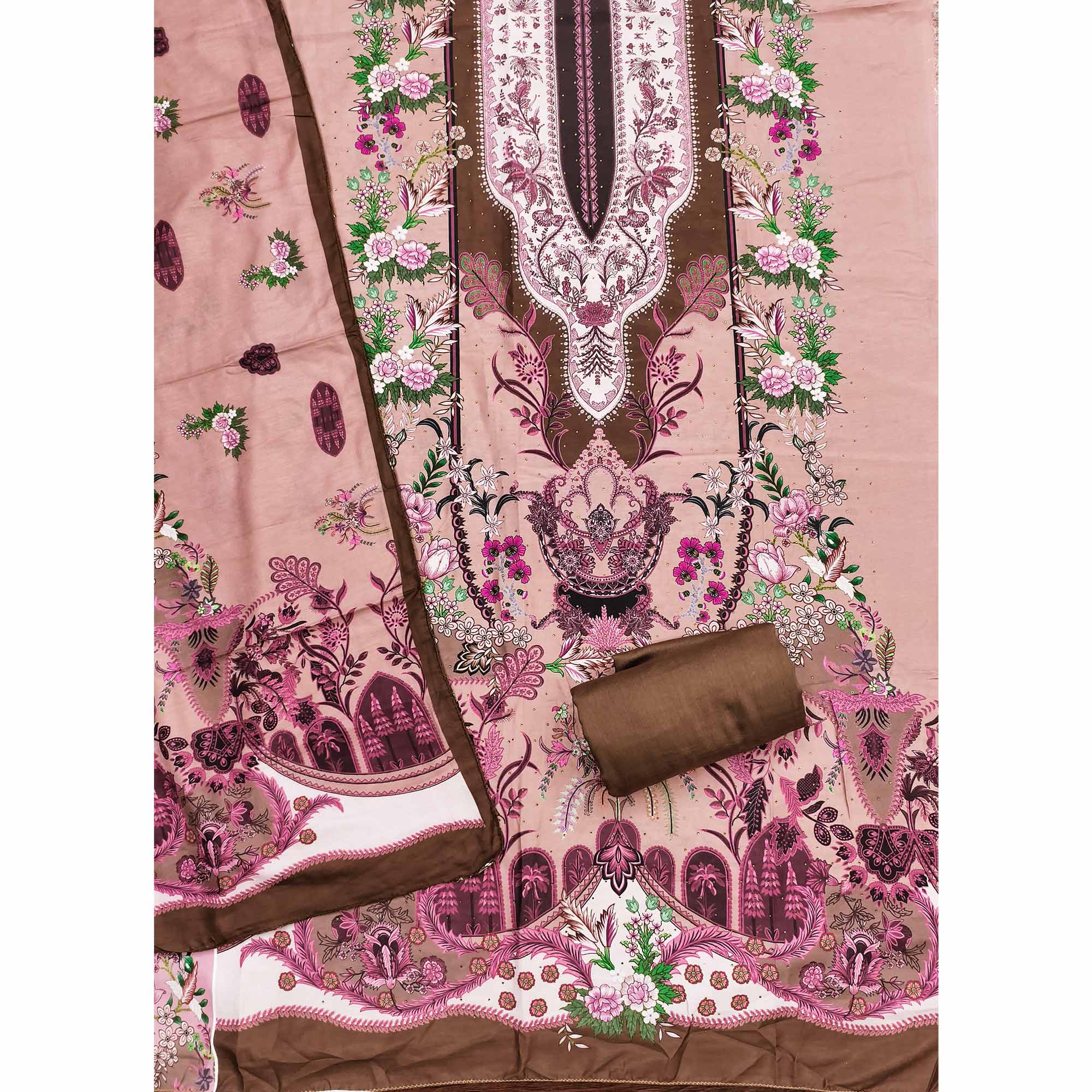 Peach Floral Digital Printed Muslin Dress Material Enhanced With Shimmering Swarovski Work