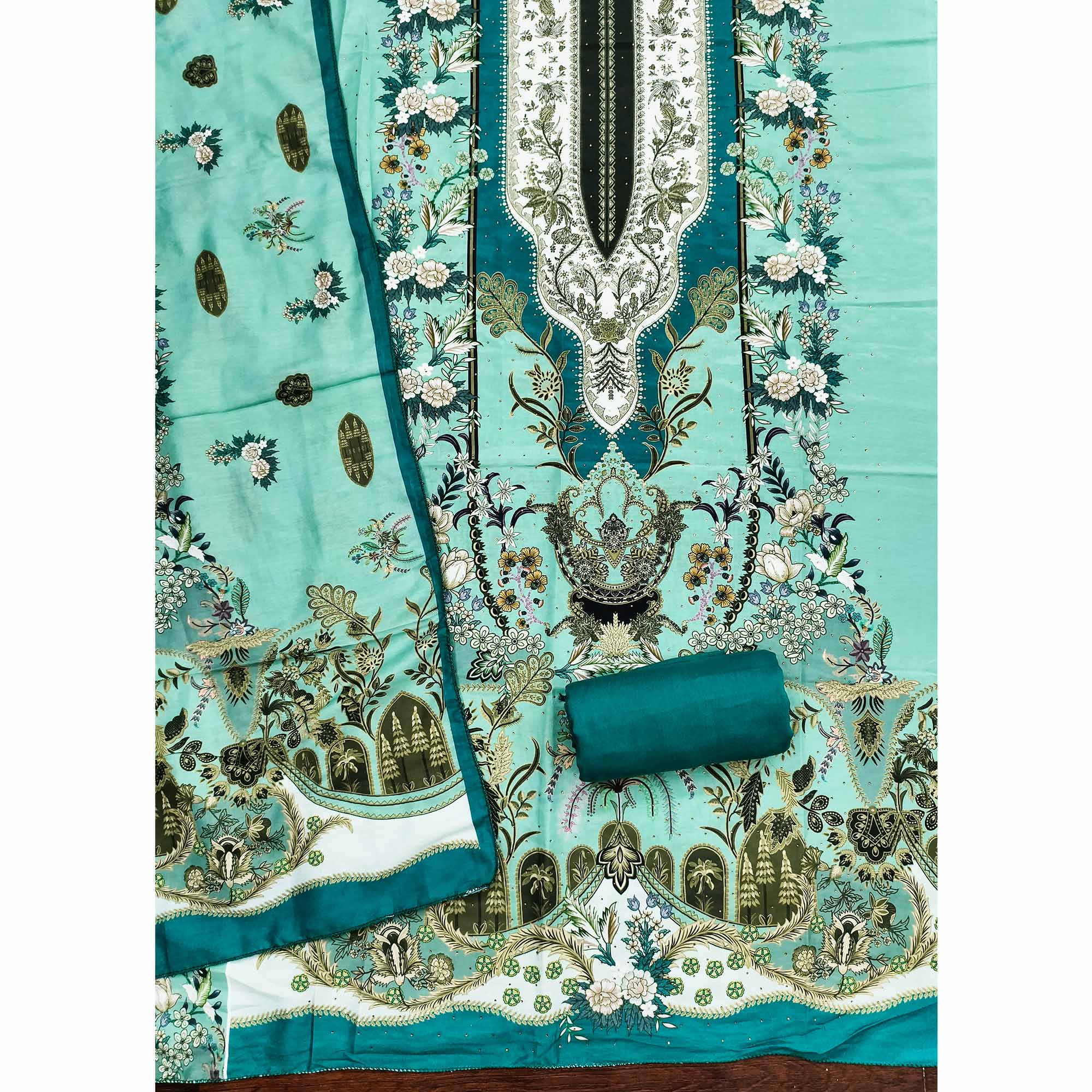 Turquoise Floral Digital Printed Muslin Dress Material Enhanced With Shimmering Swarovski Work