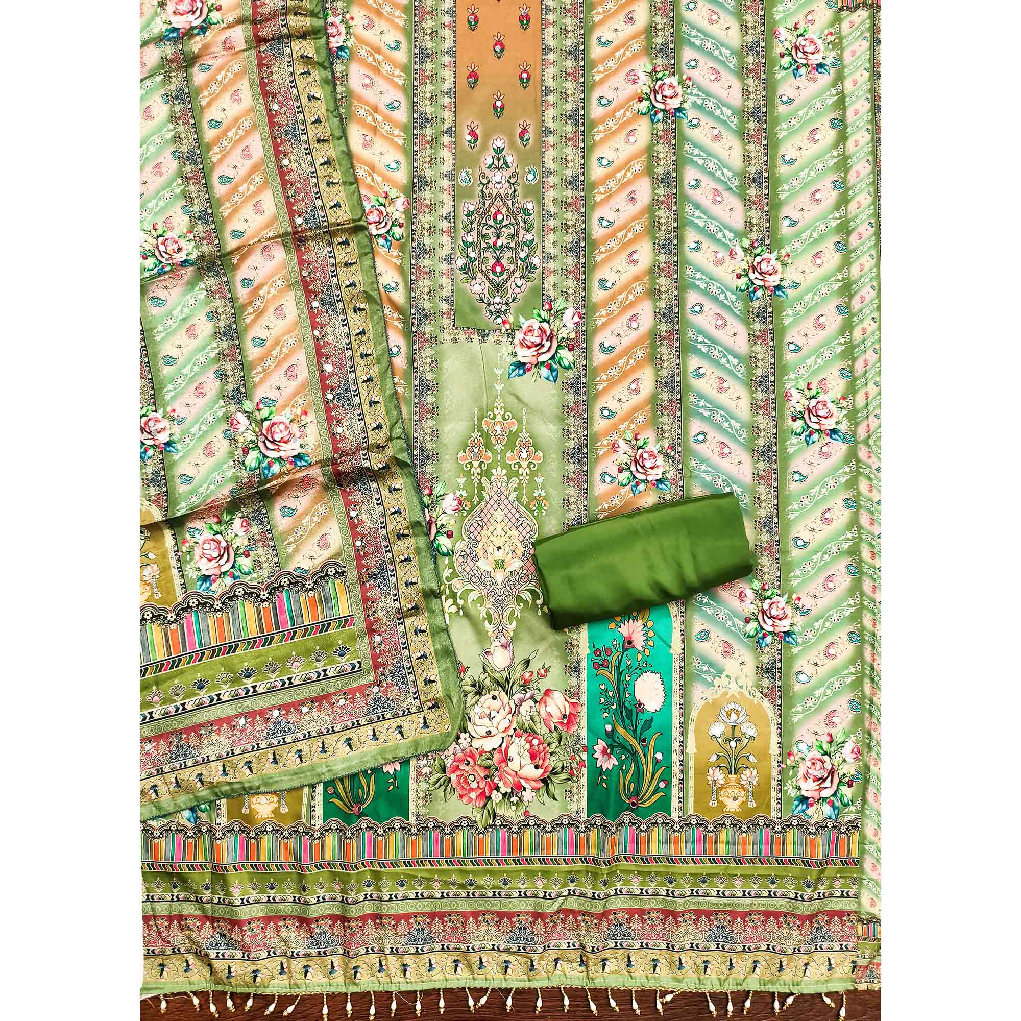 Green Muslin Dress Material Featuring Graceful Floral Digital Print Embellished With Mirror Work