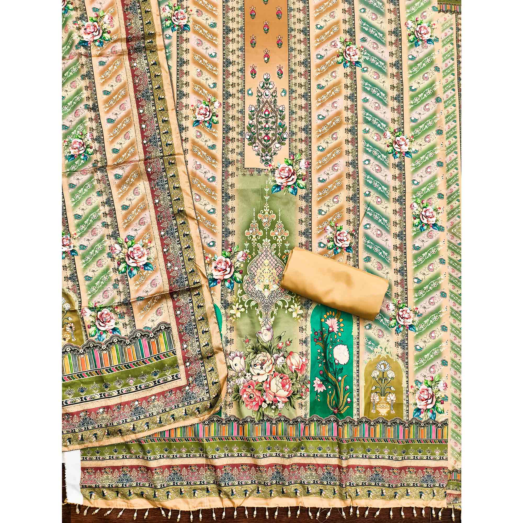 Mustard Muslin Dress Material Featuring Graceful Floral Digital Print Embellished With Mirror Work