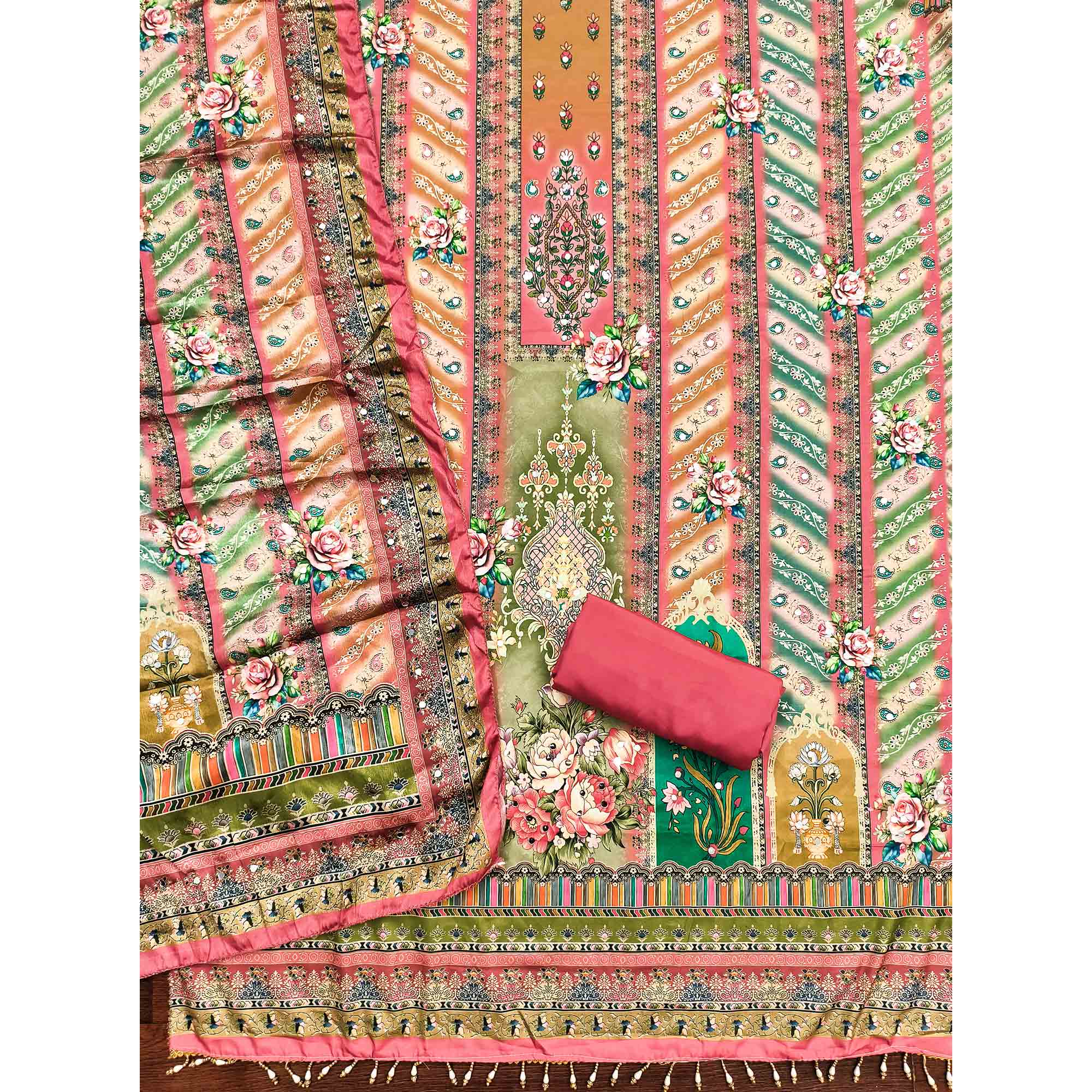 Pink Muslin Dress Material Featuring Graceful Floral Digital Print Embellished With Mirror Work