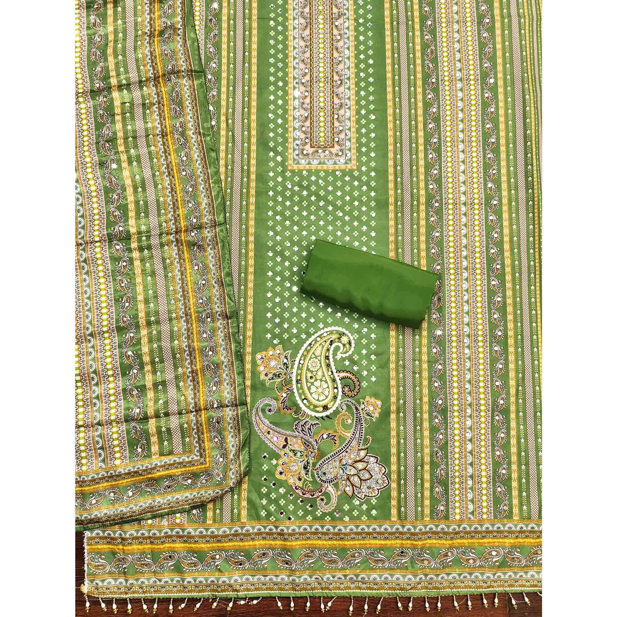 Soothing Green Floral Digital Printed Dress Material Crafted From Muslin With Mirror Work