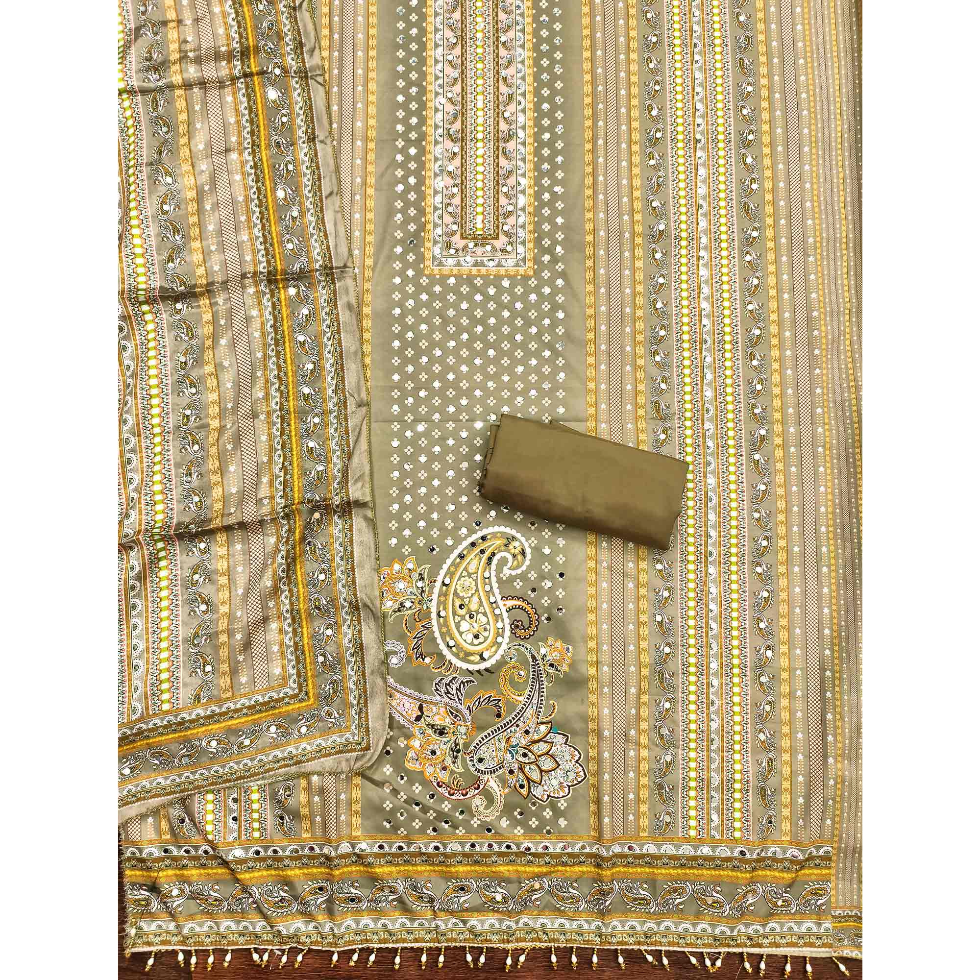 Soothing Mehendi Green Floral Digital Printed Dress Material Crafted From Muslin With Mirror Work