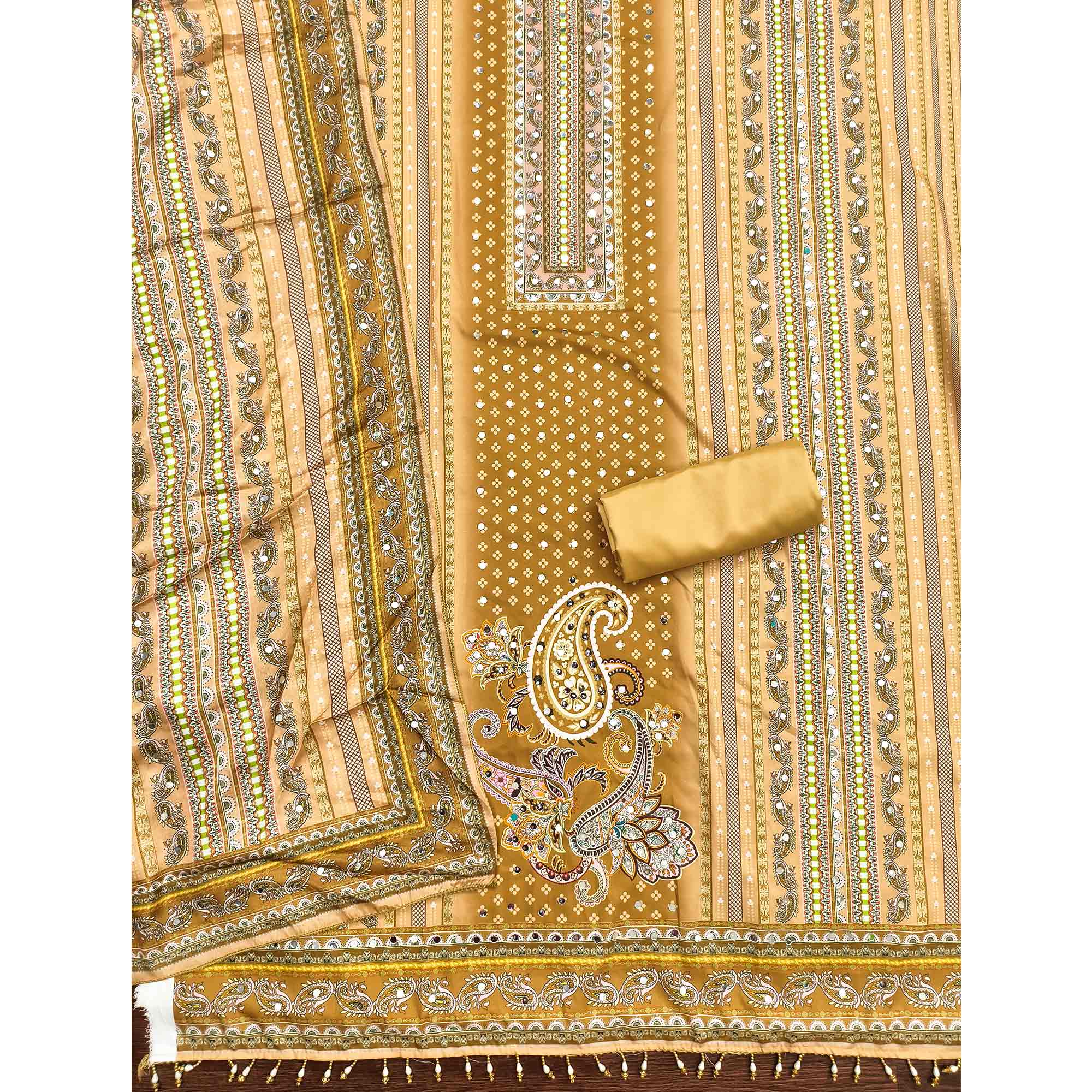 Soothing Mustard Floral Digital Printed Dress Material Crafted From Muslin With Mirror Work