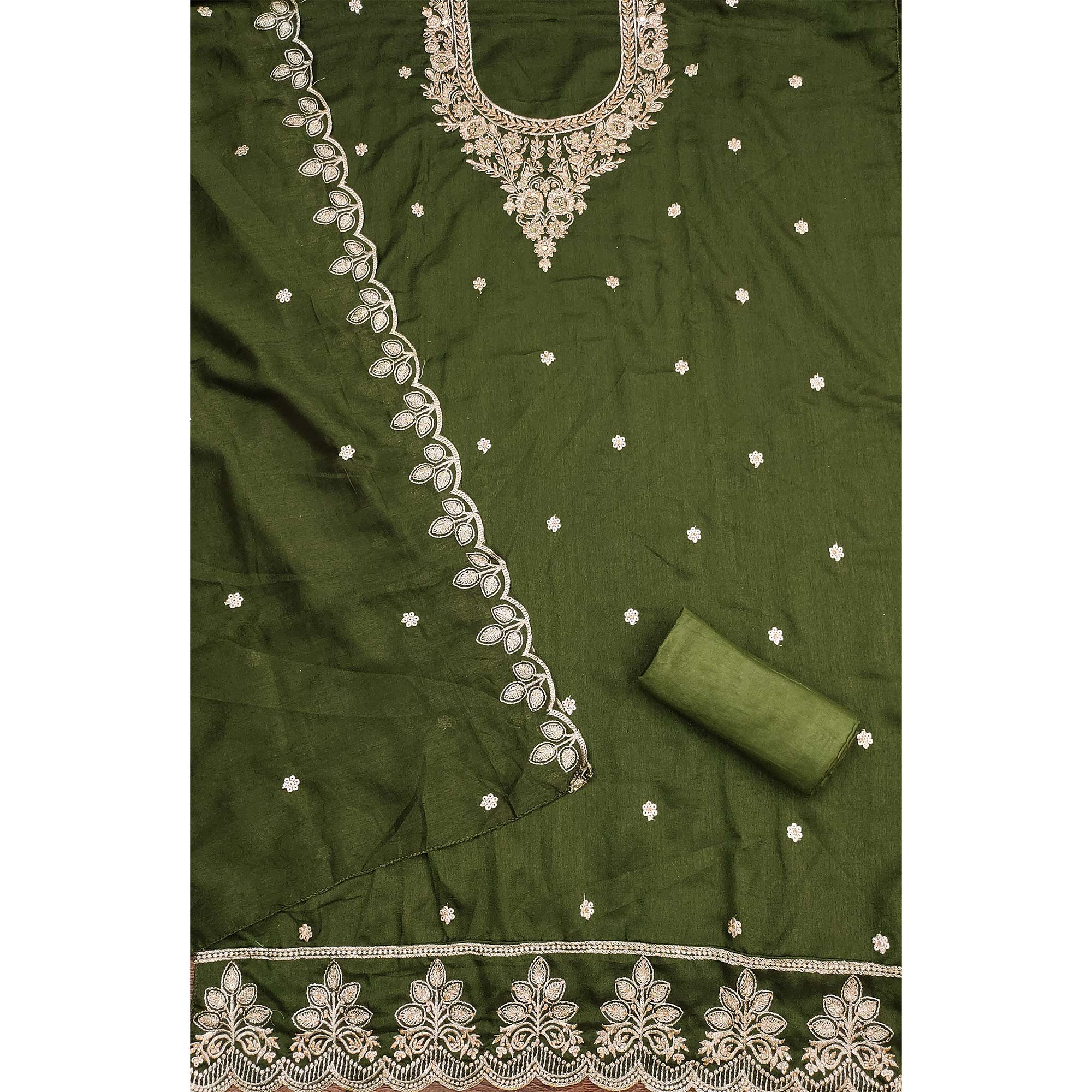Graceful Green Floral Embroidered Vichitra Silk Dress Material Enhanced With Diamond Work