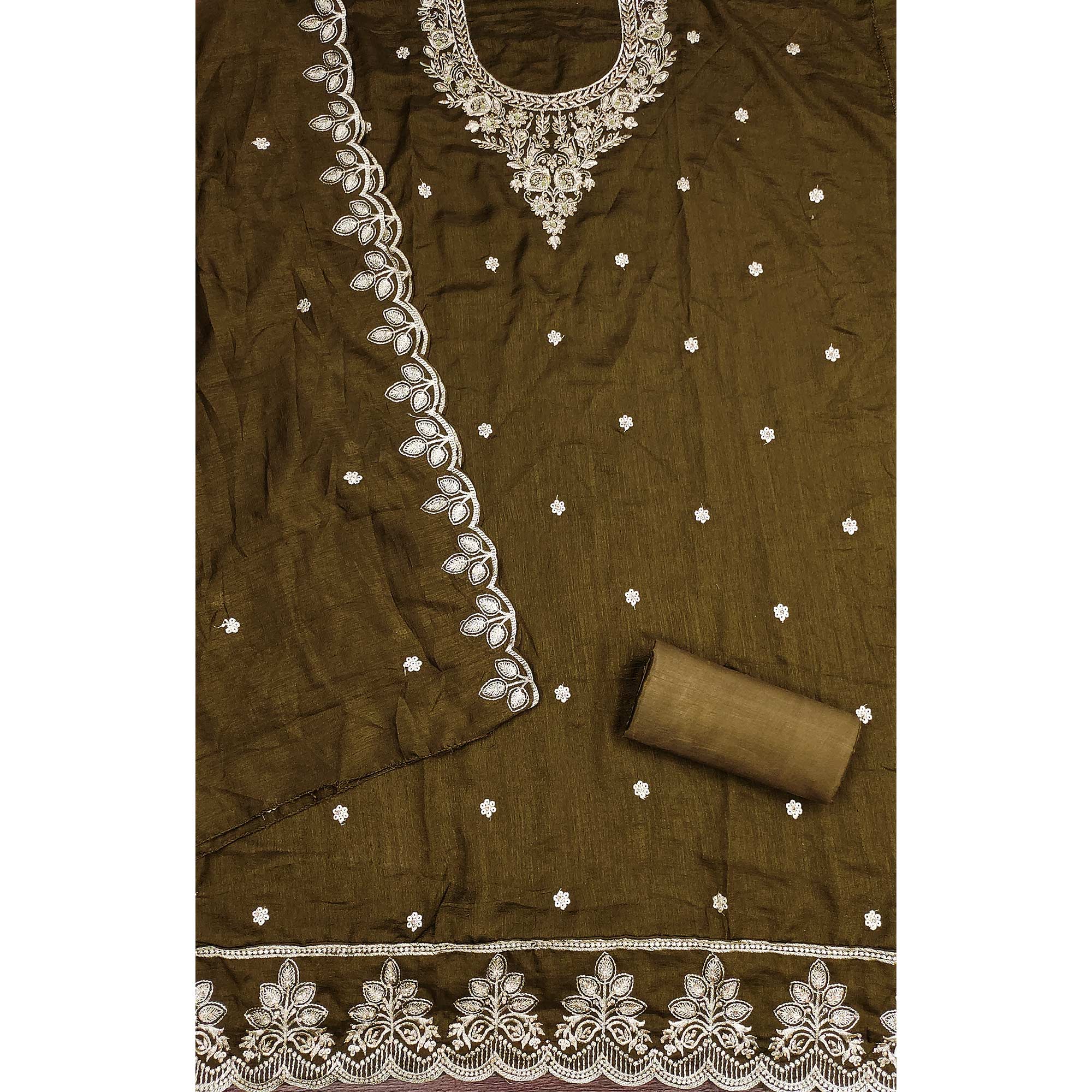 Graceful Mehendi Green Floral Embroidered Vichitra Silk Dress Material Enhanced With Diamond Work