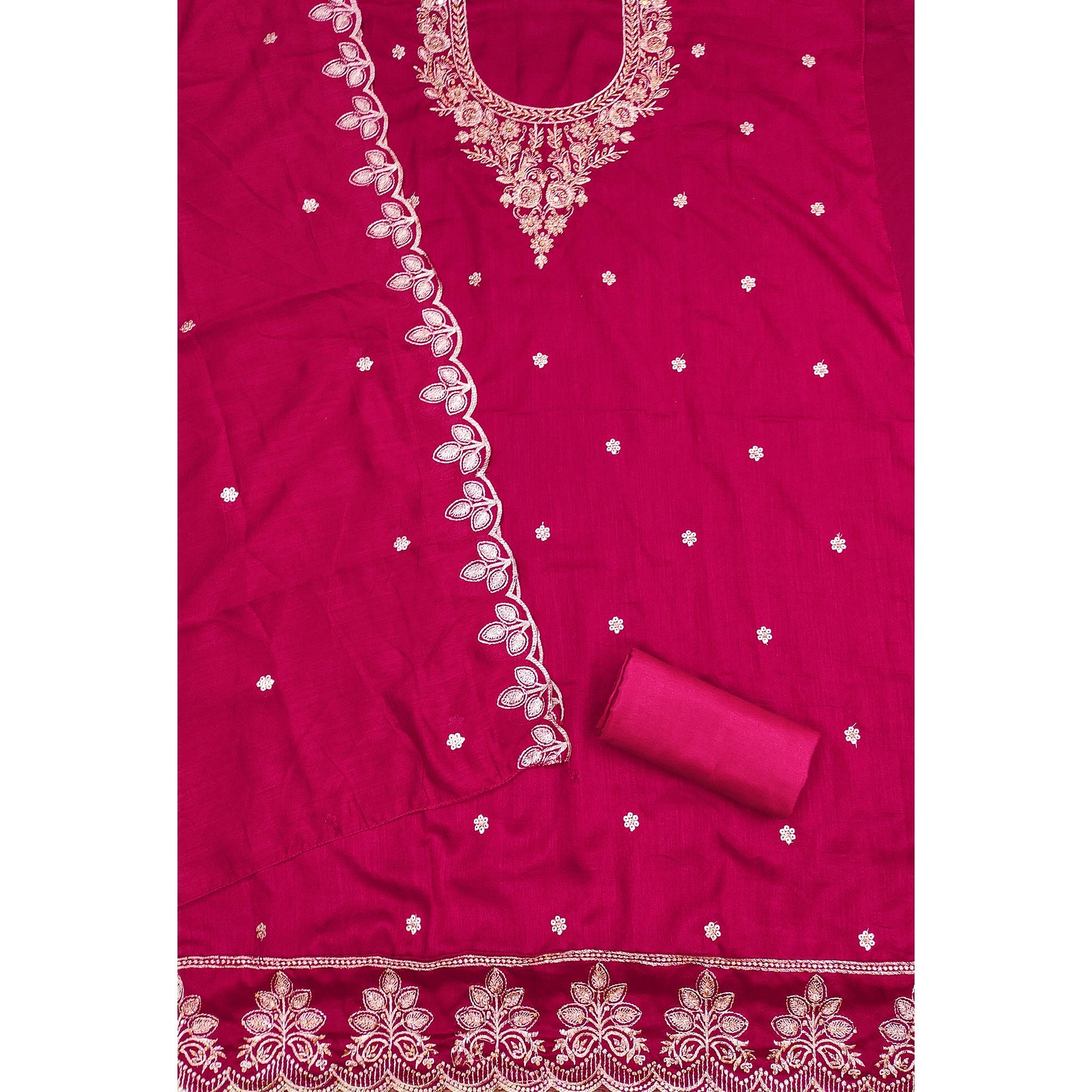 Graceful Pink Floral Embroidered Vichitra Silk Dress Material Enhanced With Diamond Work