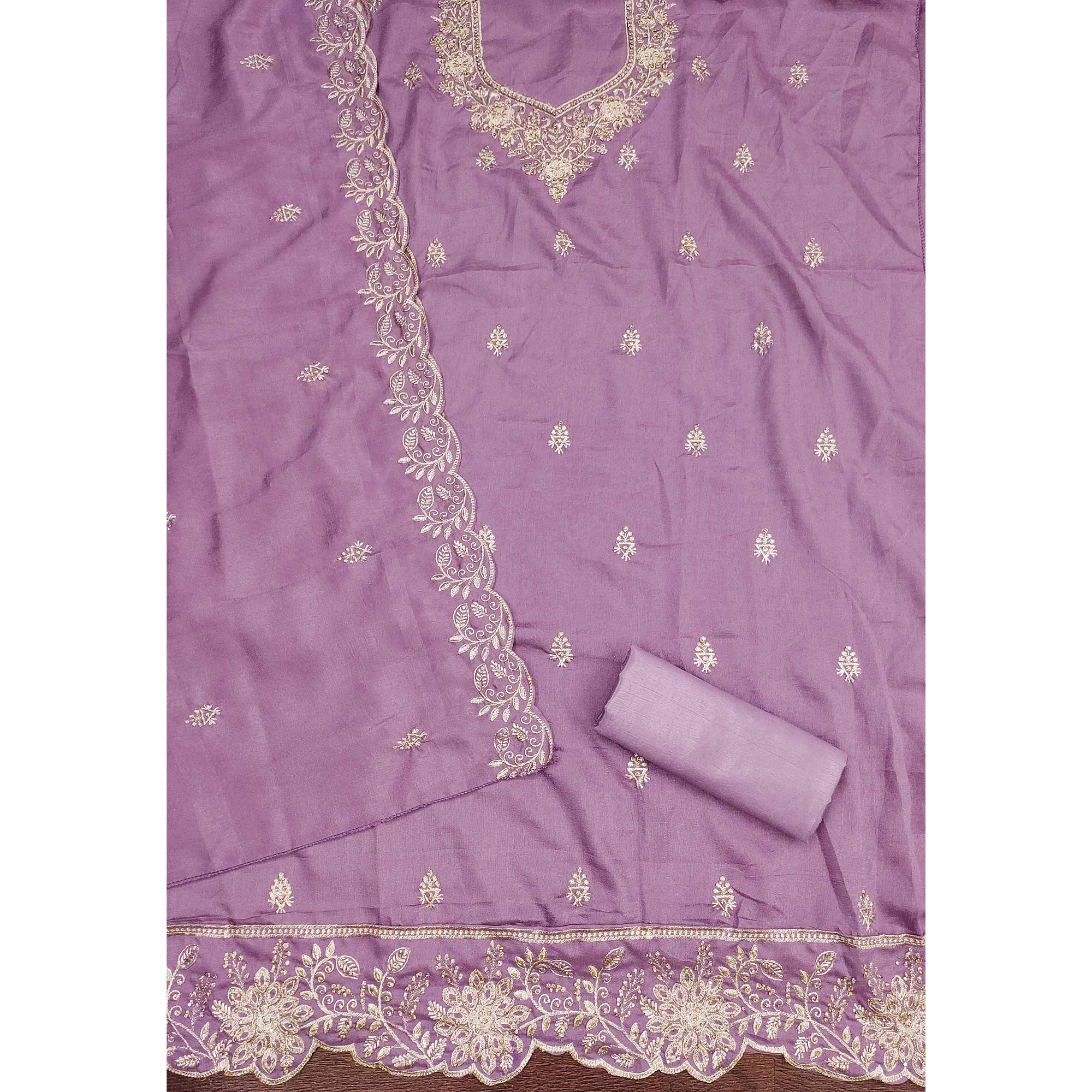 Graceful Lavender Floral Embroidered Vichitra Silk Dress Material Enhanced With Diamond Work