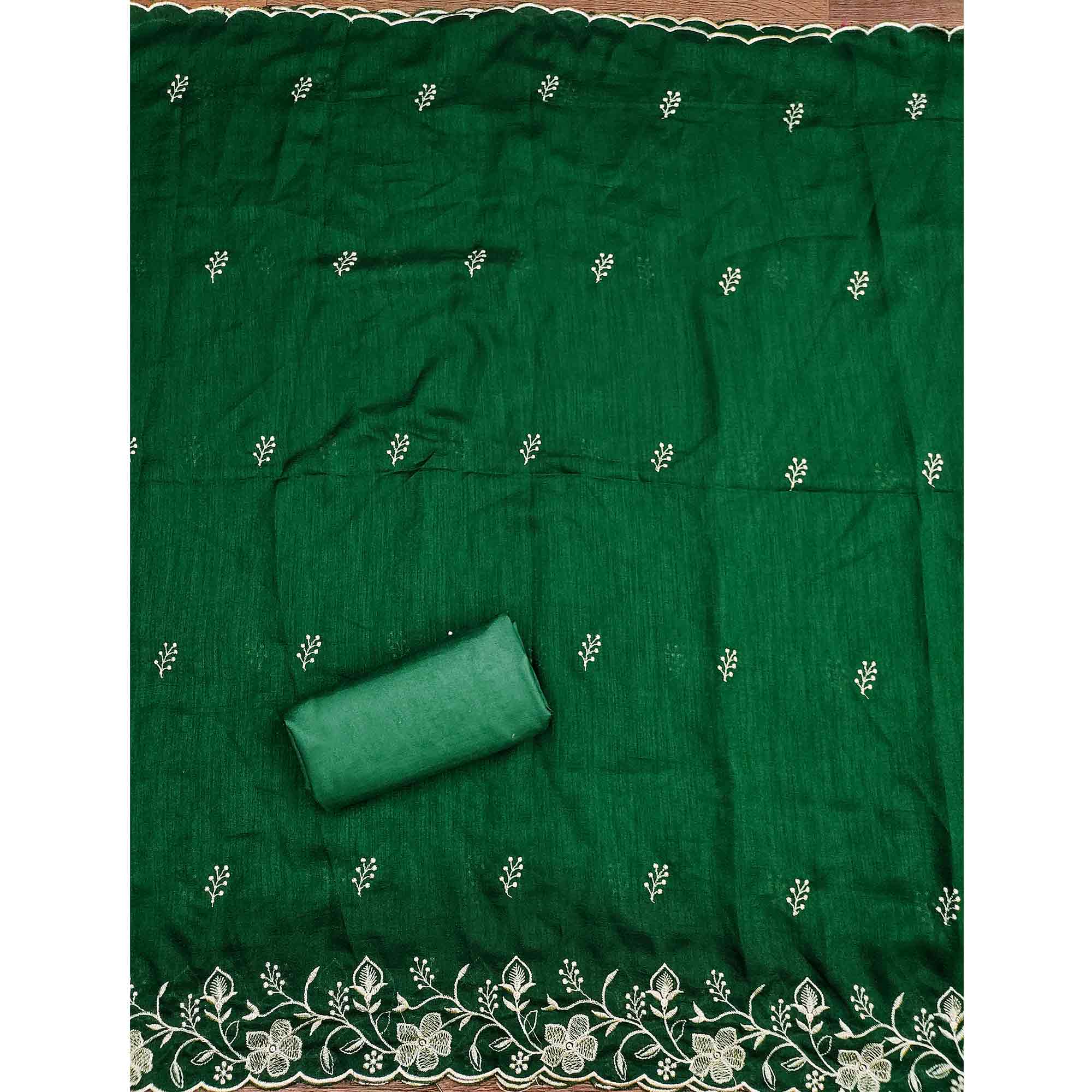 Elegant Green Vichitra Silk Dress Material Adorned With Exquisite Floral Zari Embroidery Work