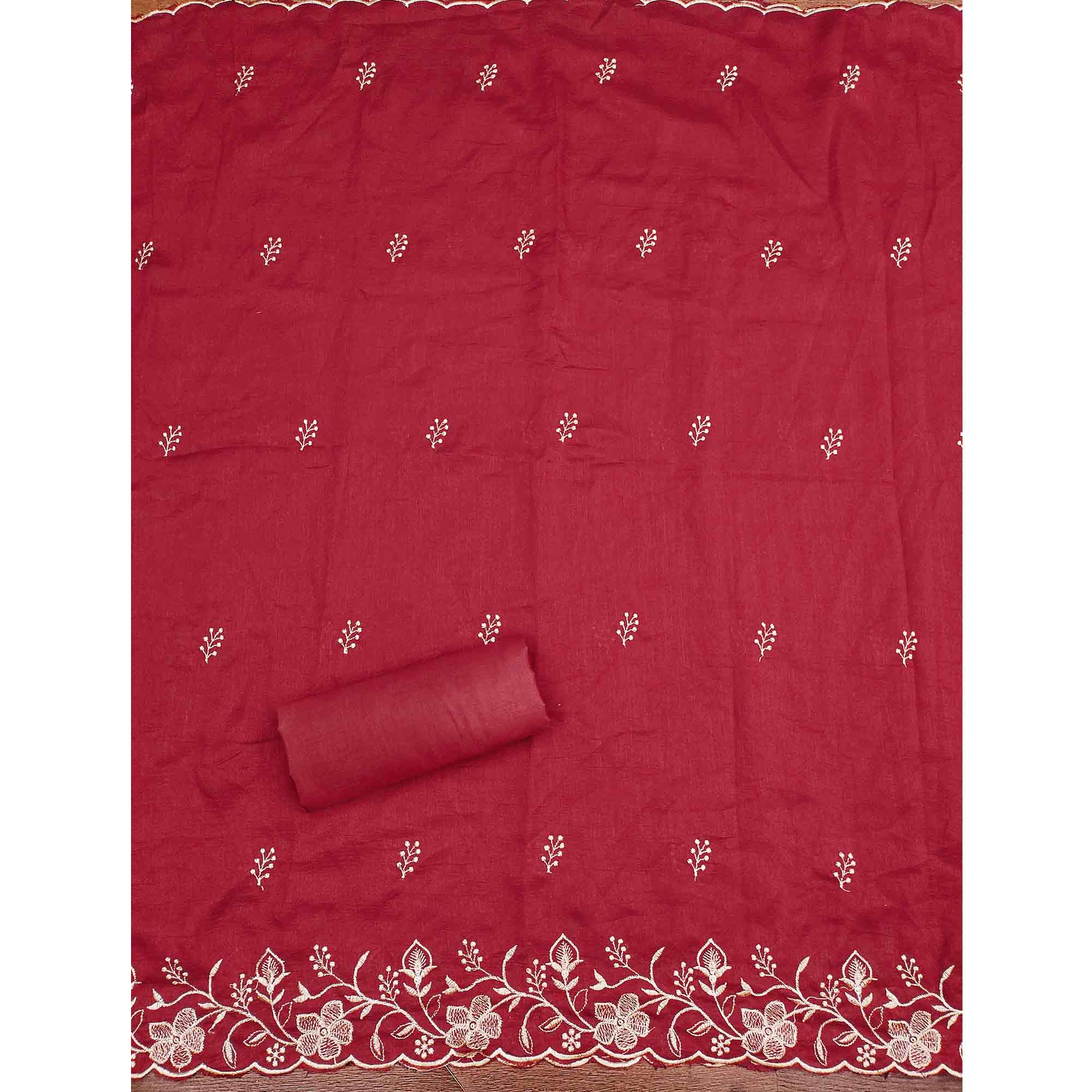 Elegant Maroon Vichitra Silk Dress Material Adorned With Exquisite Floral Zari Embroidery Work