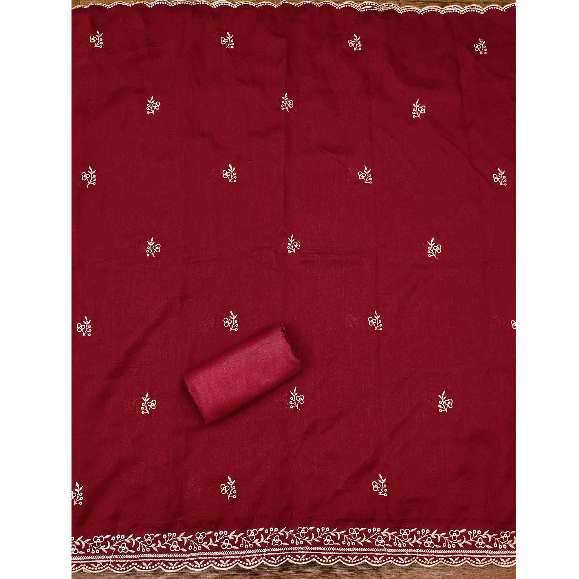 Graceful Maroon Floral Embroidered Vichitra Silk Dress Material Enhanced With Sparkling Swarovski