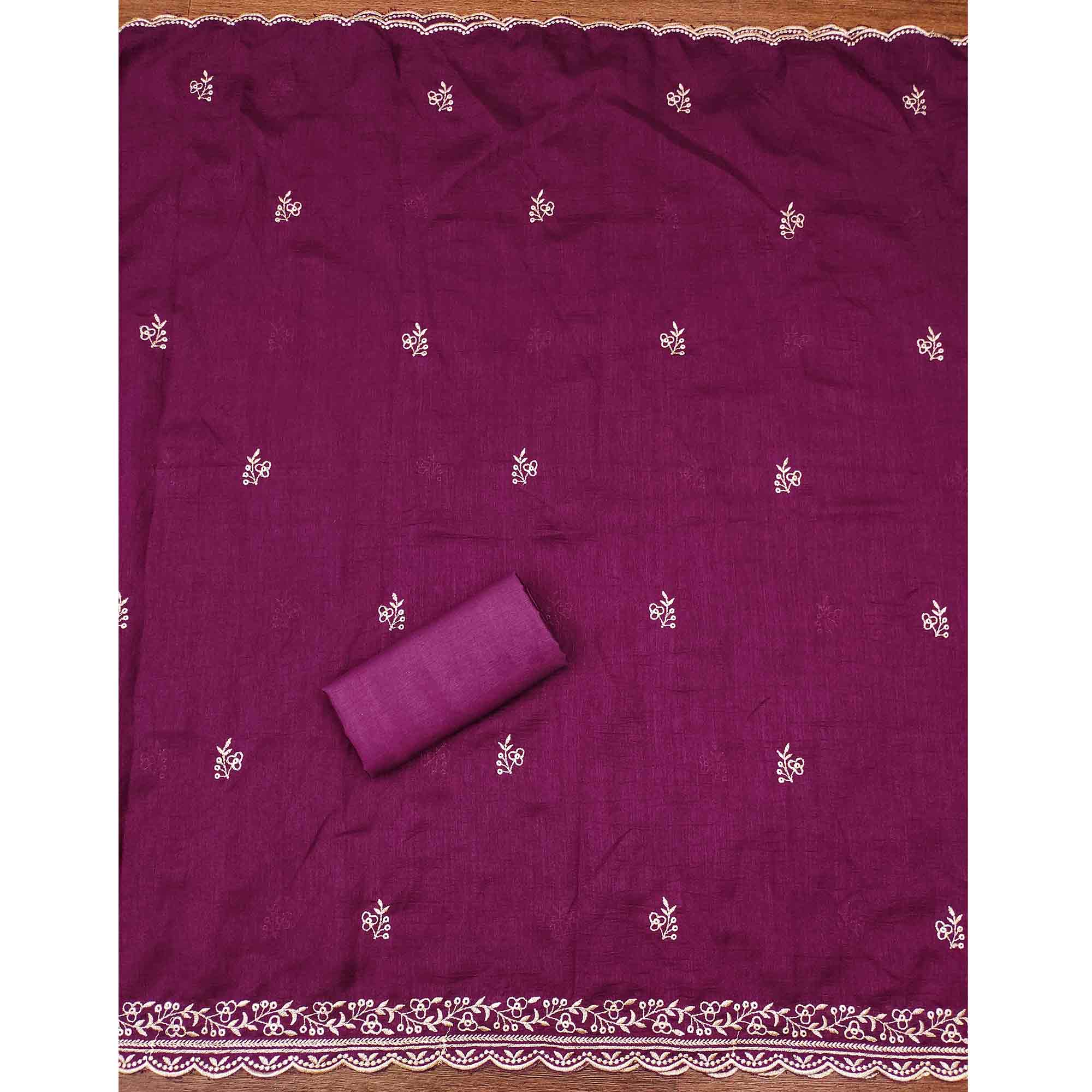 Graceful Purple Floral Embroidered Vichitra Silk Dress Material Enhanced With Sparkling Swarovski