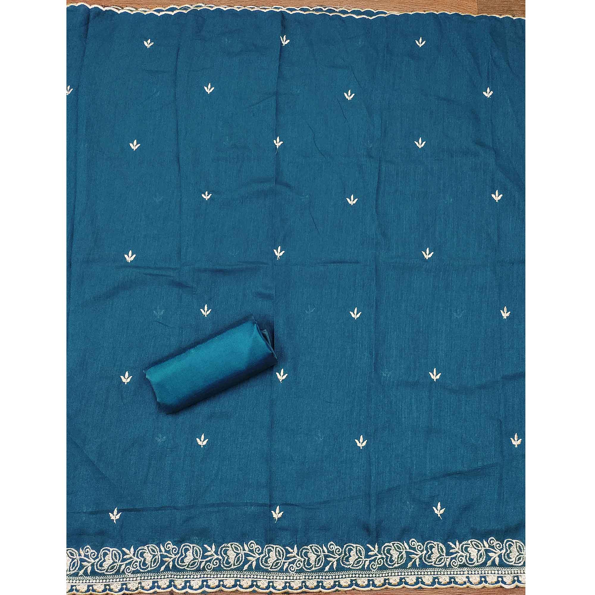 Regal Blue Floral Embroidered Vichitra Silk Dress Material With Dazzling Swarovski Work Detailing