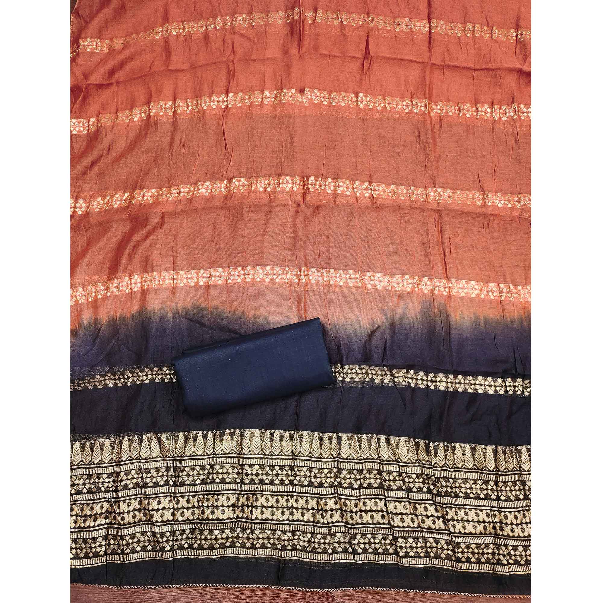 Classic Peach Floral Embroidered Cotton Blend Dress Material With Shimmering Sequins Work