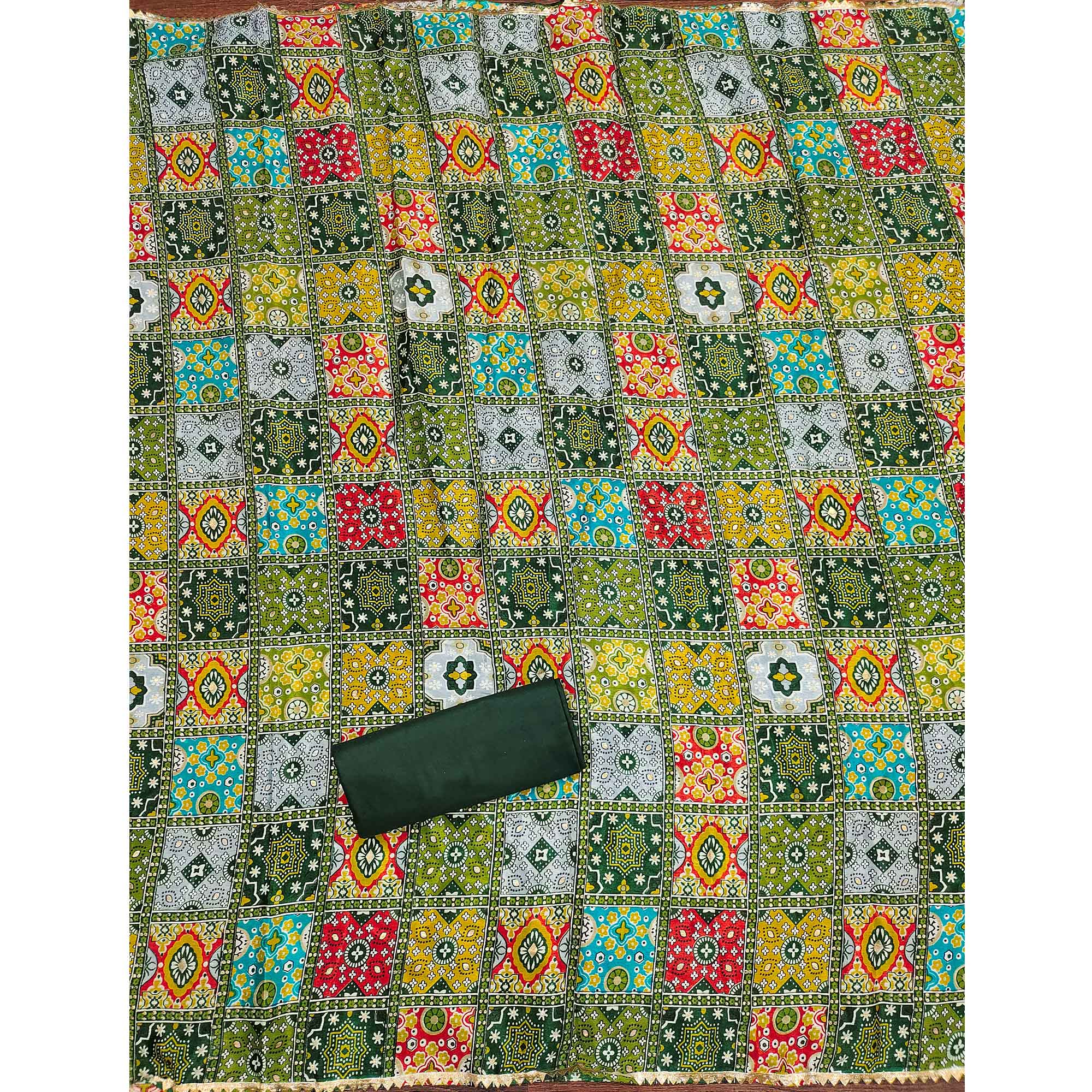 Stylish Green Cotton Blend Dress Material Enriched With Floral Embroidery & Sequins Work