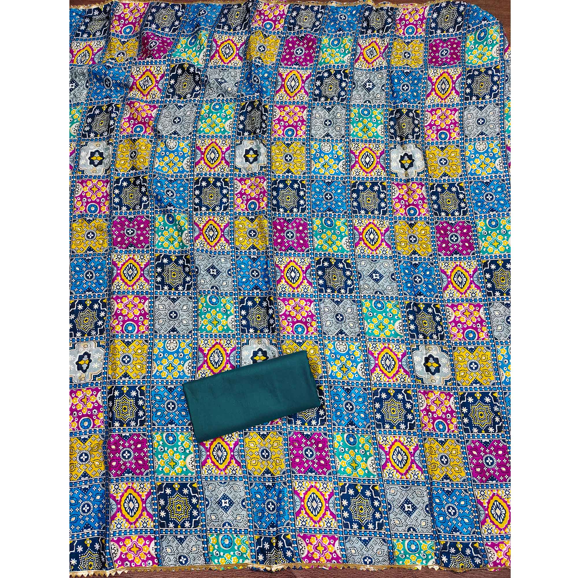 Stylish Turquoise Cotton Blend Dress Material Enriched With Floral Embroidery & Sequins Work