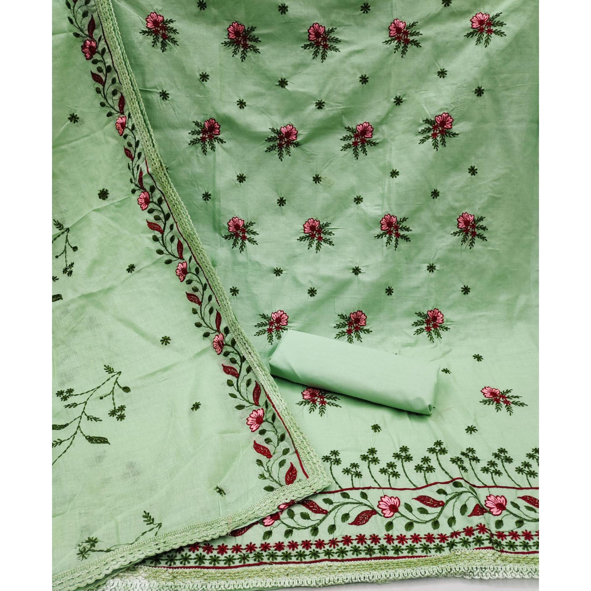Green Cotton Blend Dress Material With Delicate Floral Thread Embroidery