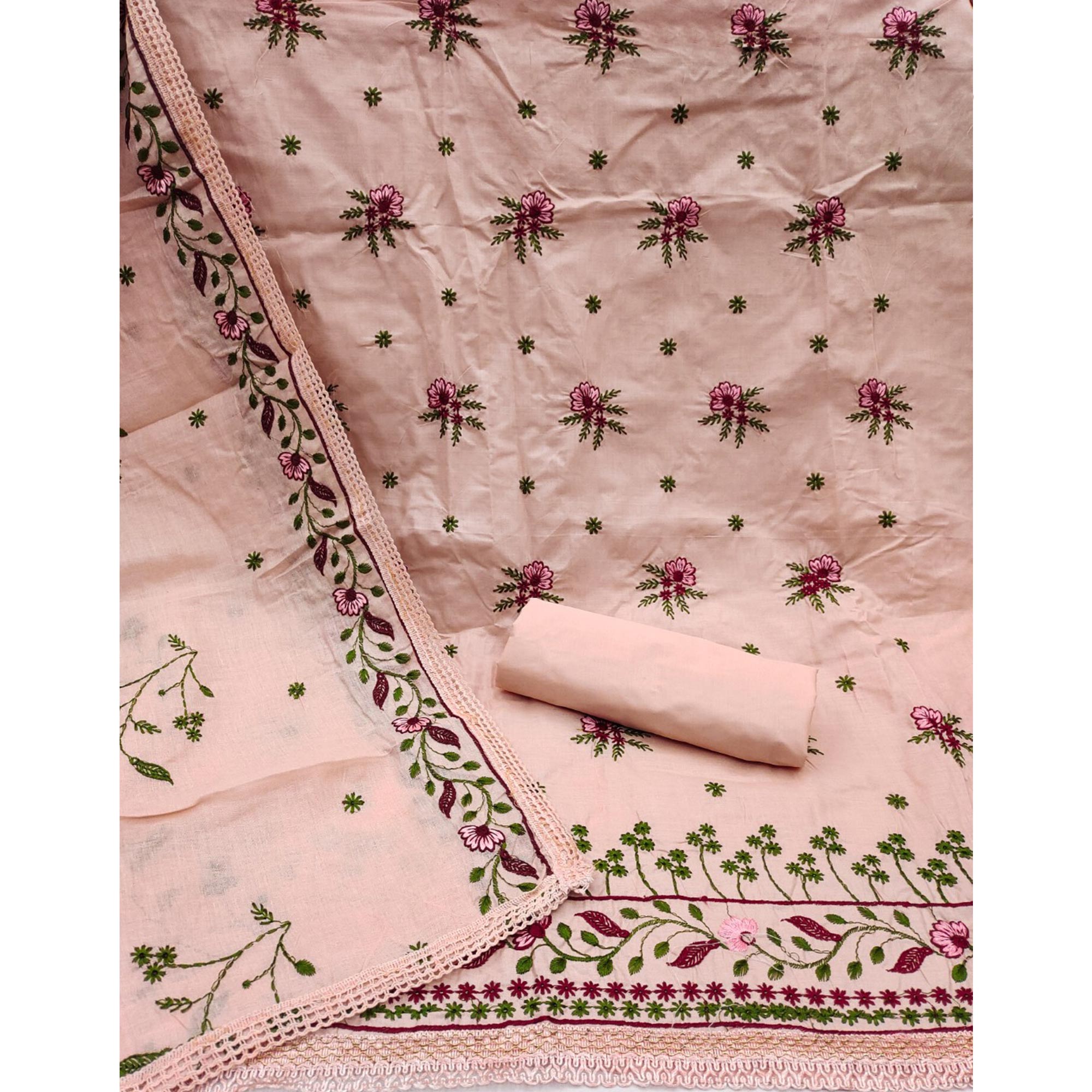 Peach Cotton Blend Dress Material With Delicate Floral Thread Embroidery