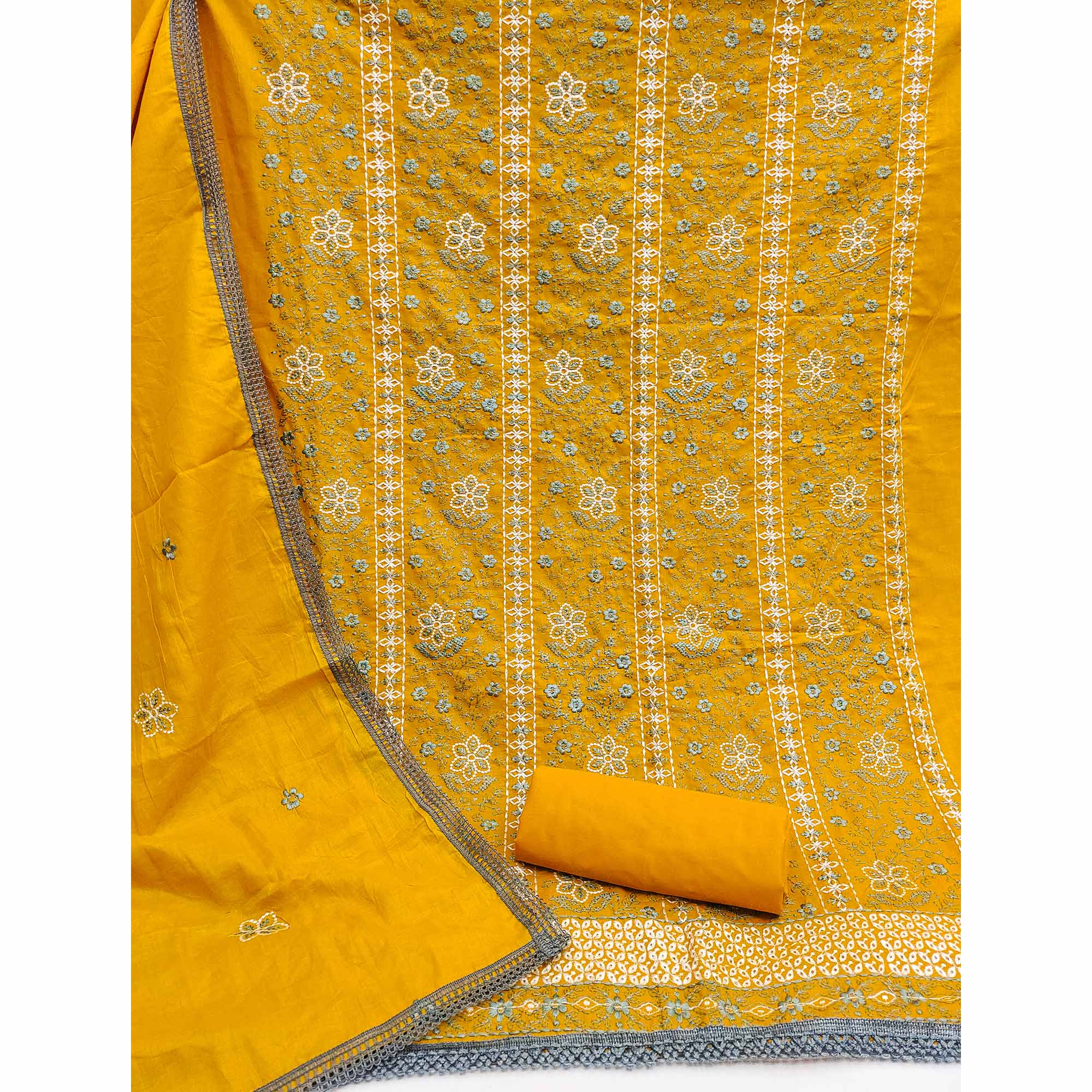 Mustard Floral Embroidered Pure Cotton Dress Material