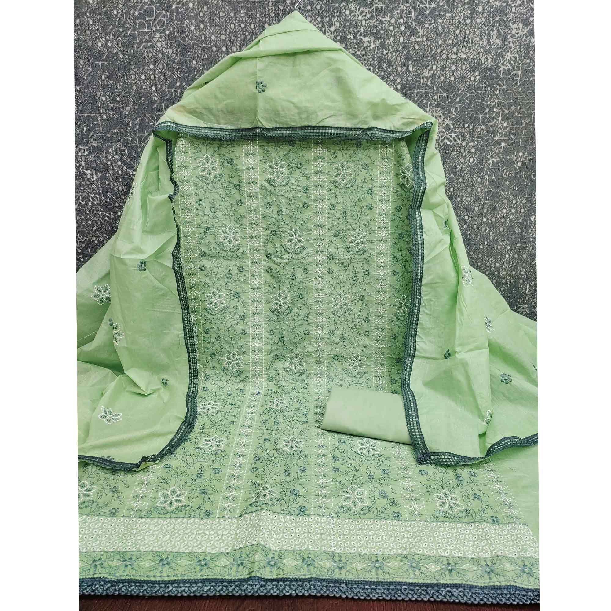 Pista Green Floral Embroidered Pure Cotton Dress Material