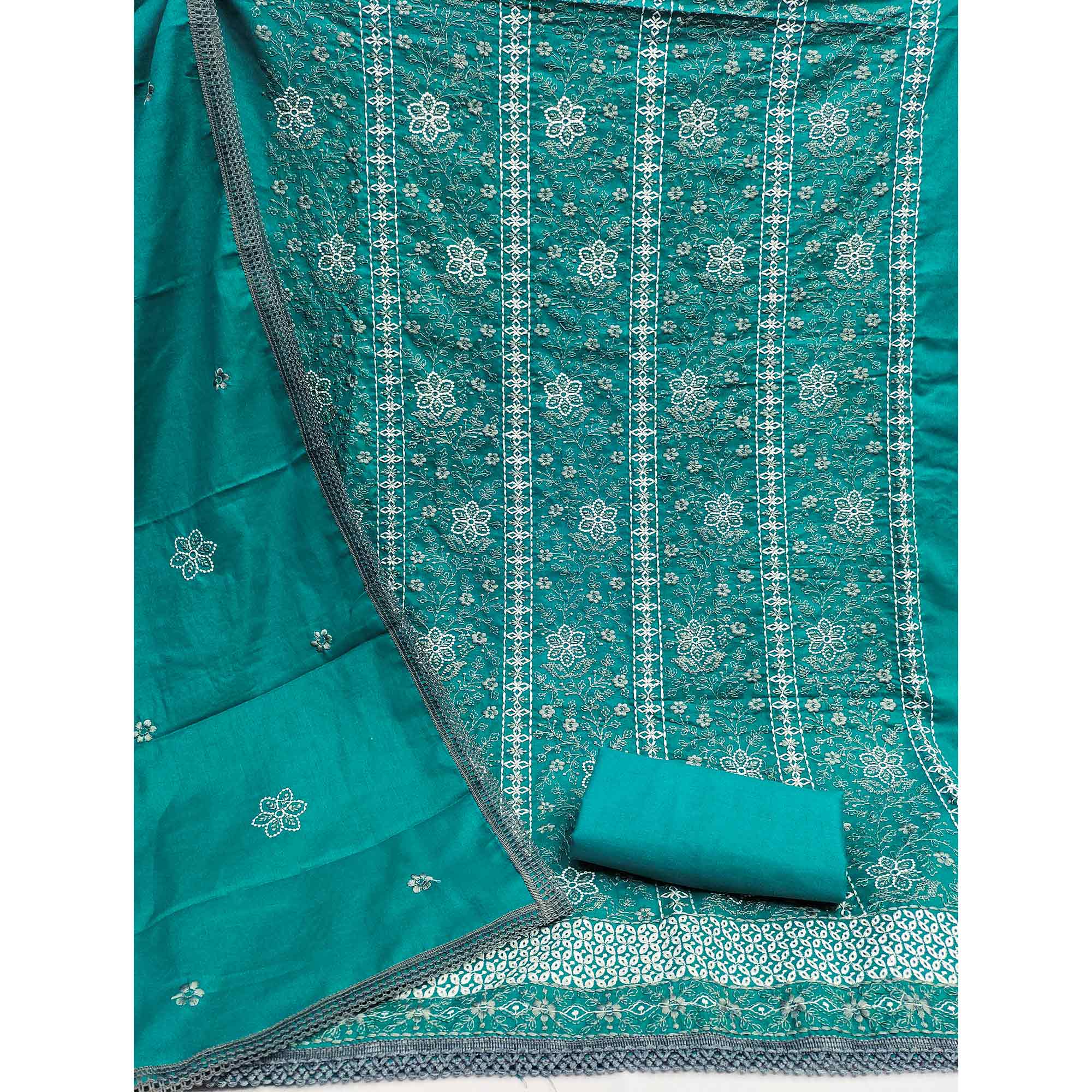 Rama Blue Floral Embroidered Pure Cotton Dress Material