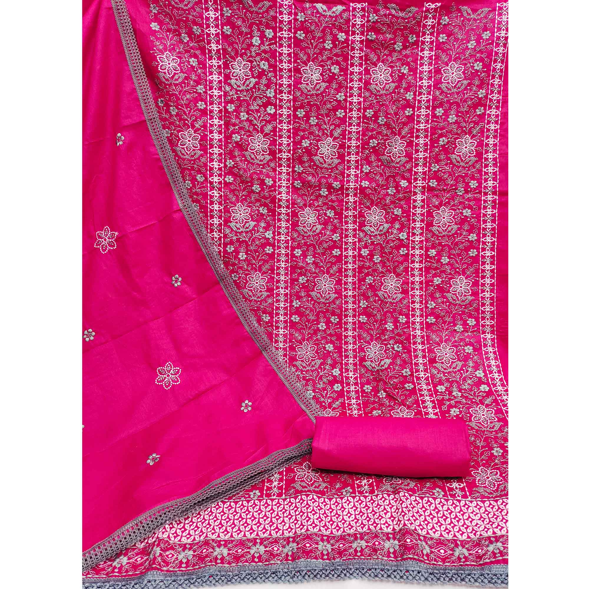 Rani Pink Floral Embroidered Pure Cotton Dress Material