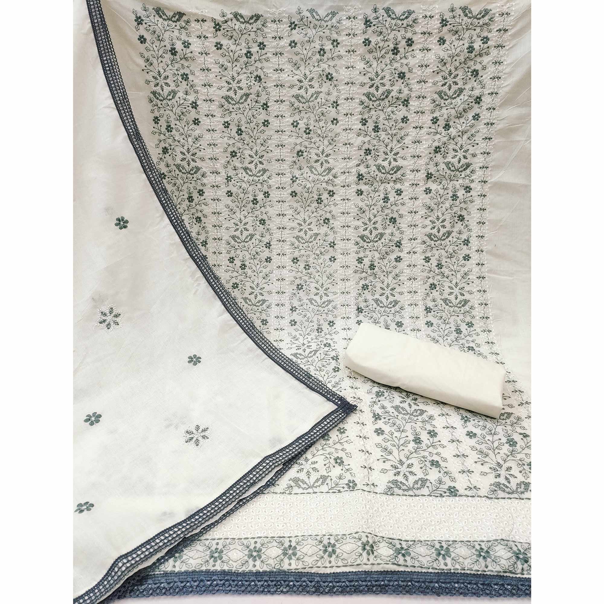 White Cotton Suit Fabric with Embroidered Floral Patterns