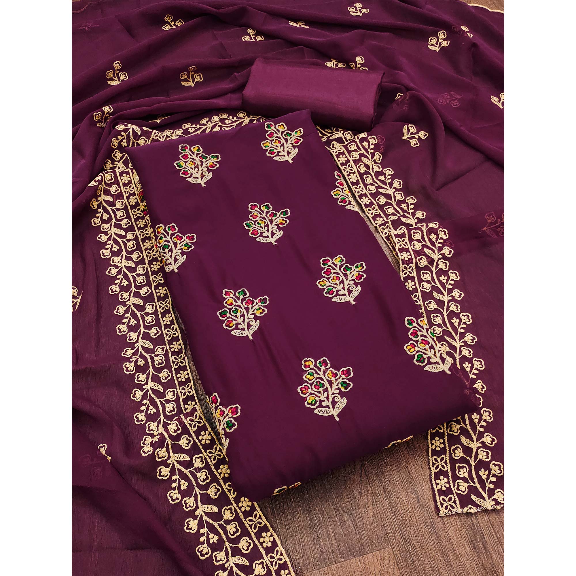 Purple Floral Embroidered Georgette Dress Material