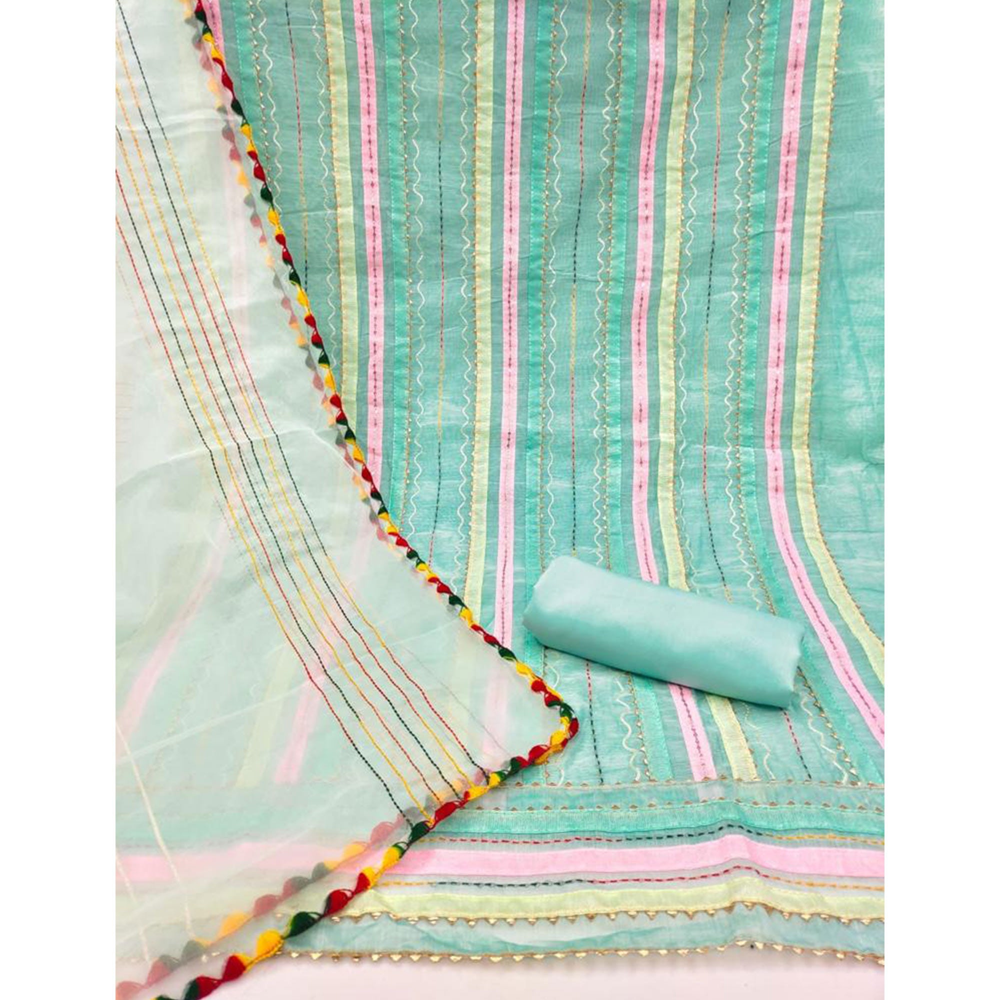 Turquoise Sequins Embroidered Chanderi Dress Material