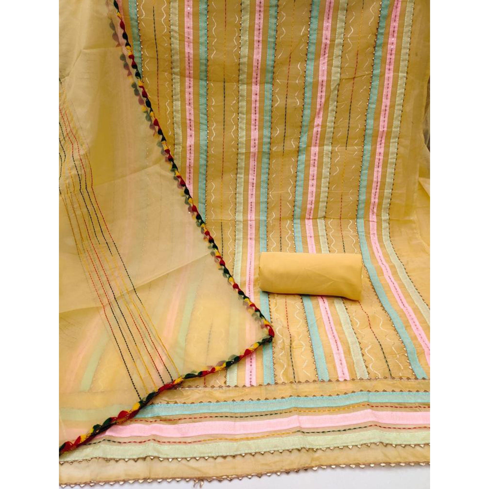 Yellow Sequins Embroidered Chanderi Dress Material