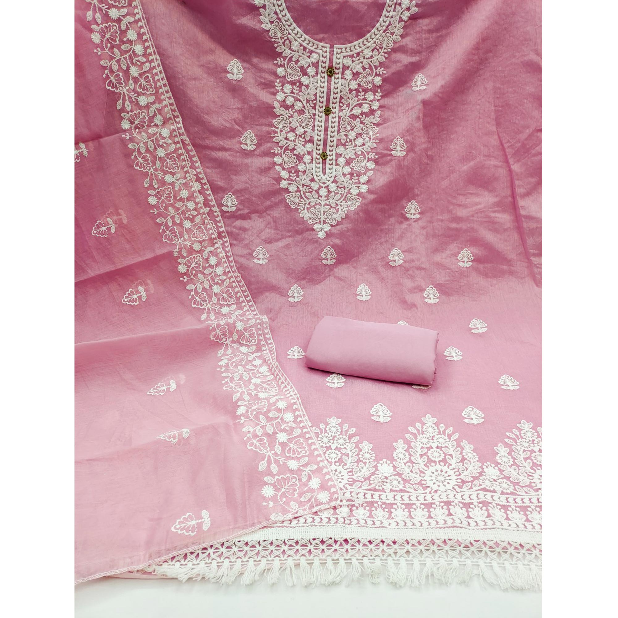 Baby Pink Floral Embroidered Chanderi Cotton Dress Material