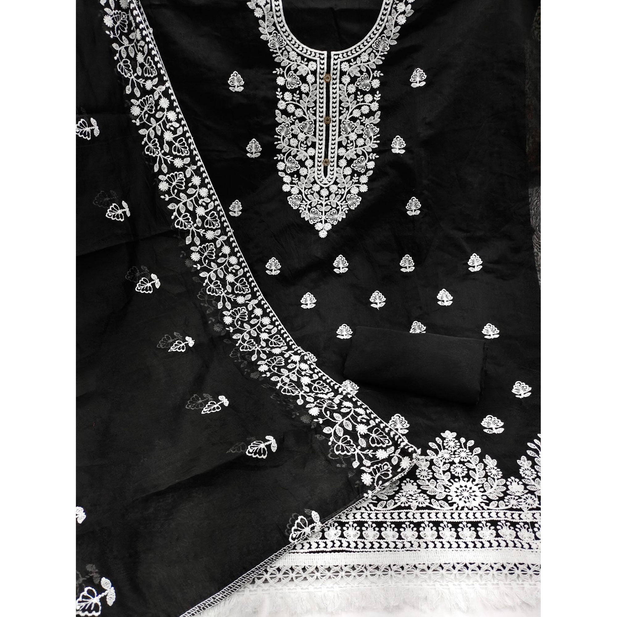 Black Floral Embroidered Chanderi Cotton Dress Material