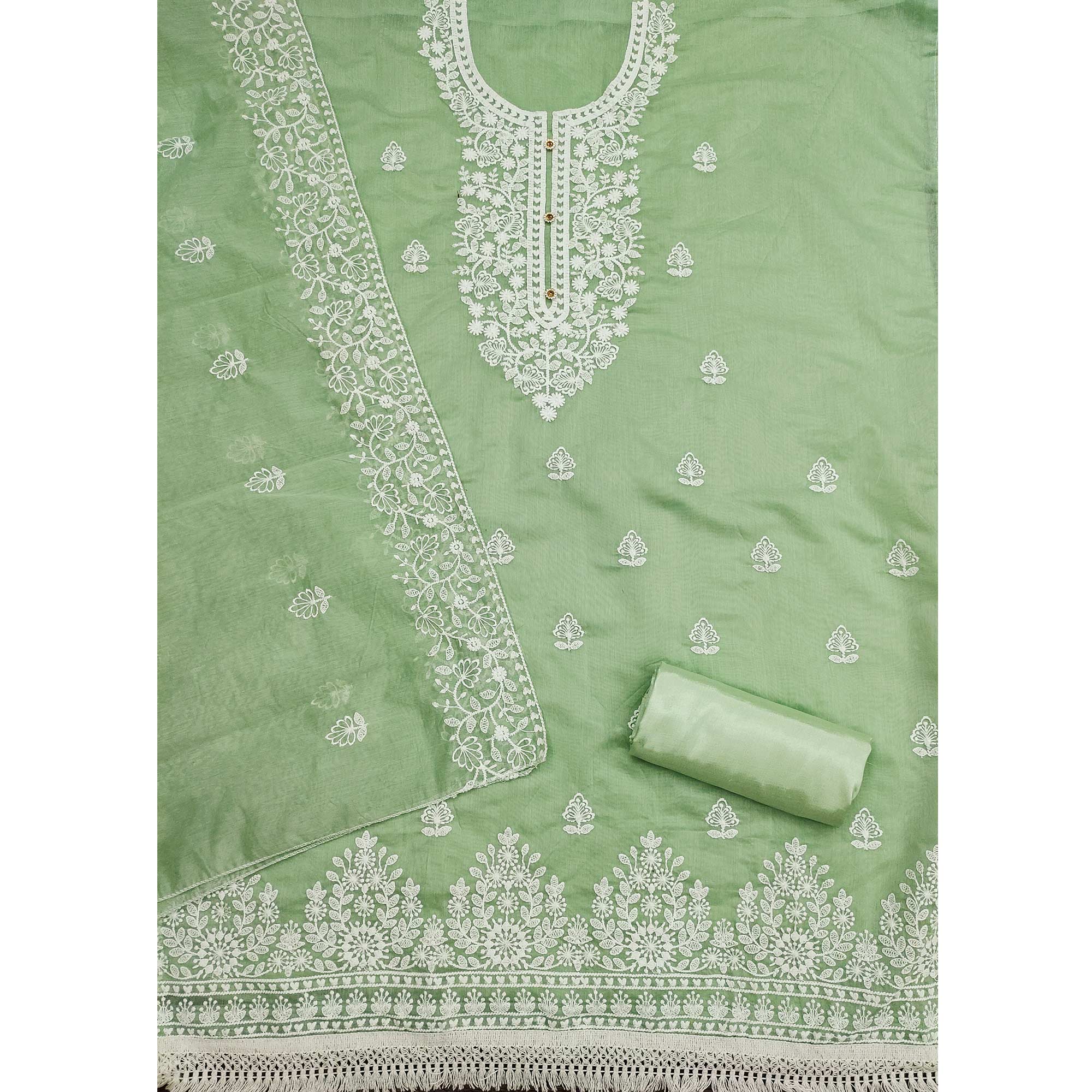 Green Floral Embroidered Chanderi Cotton Dress Material