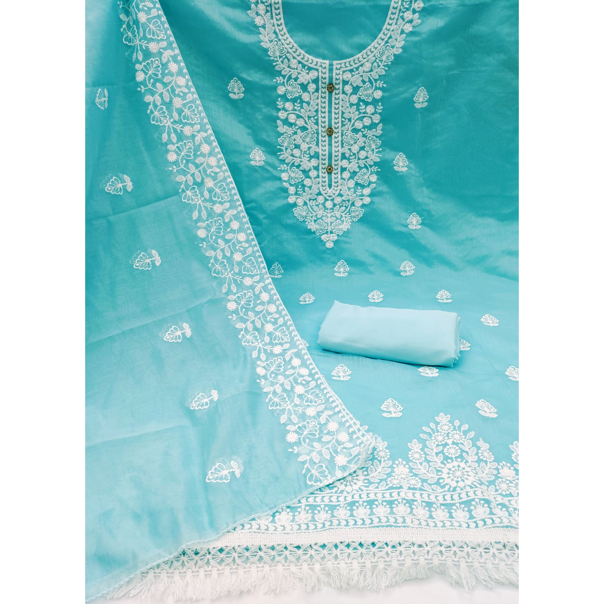 Sky Blue Floral Embroidered Chanderi Cotton Dress Material