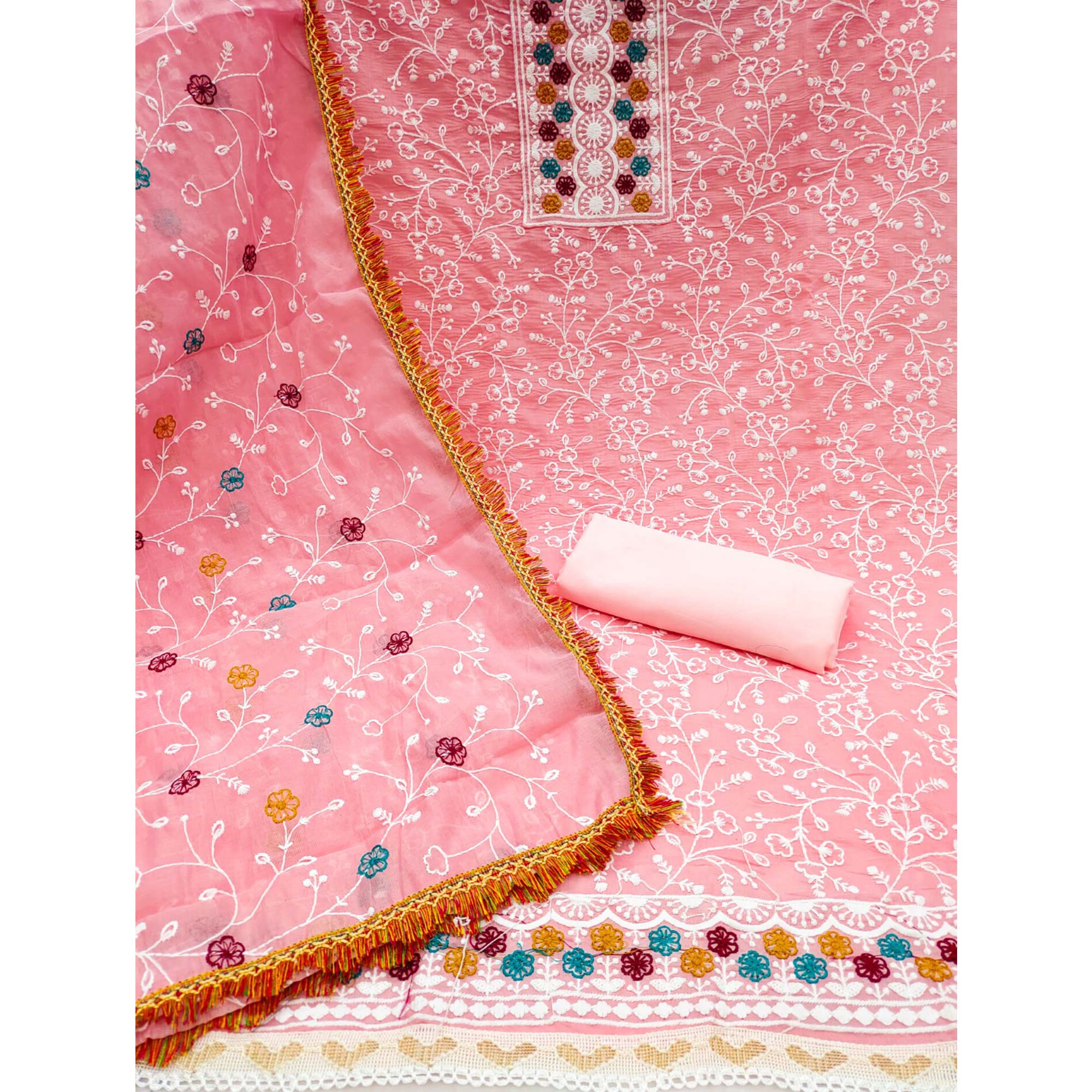 Pink Chanderi Cotton Dress Material With Floral Thread Embroidery