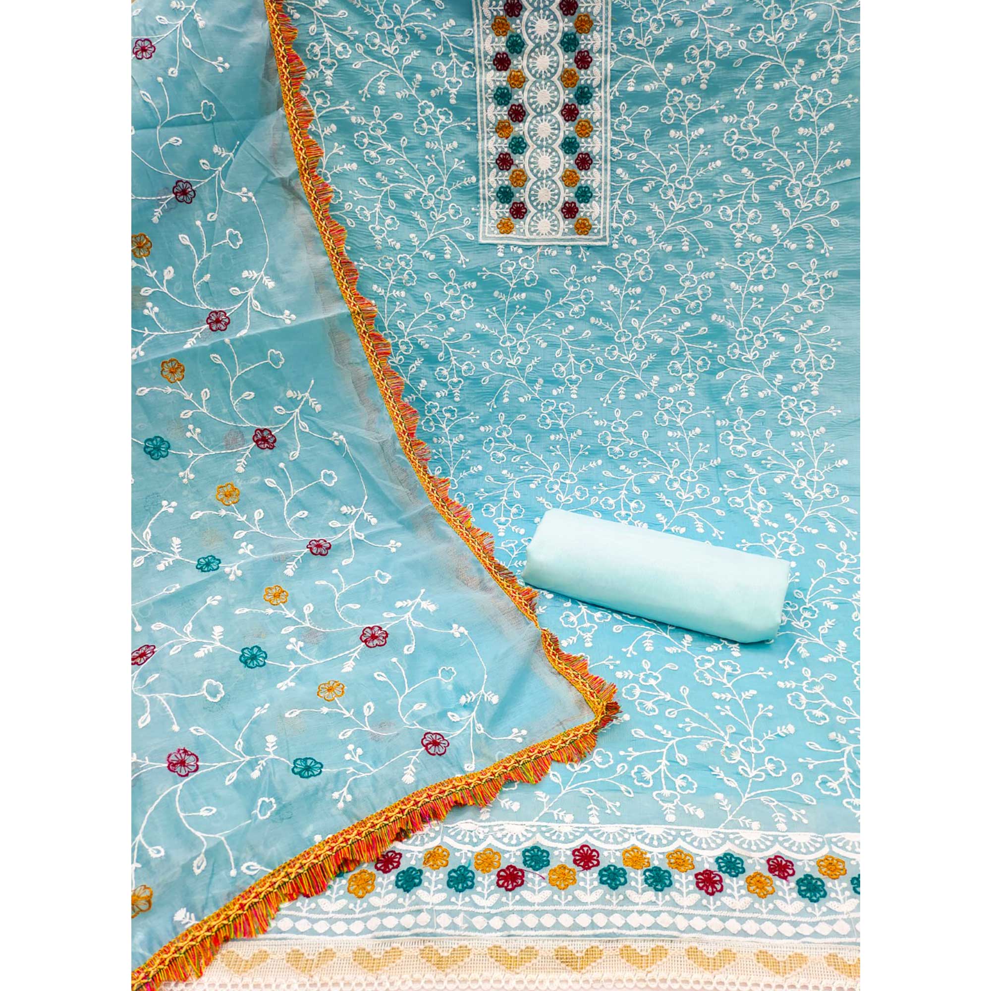 Sky Blue Chanderi Cotton Dress Material With Floral Thread Embroidery