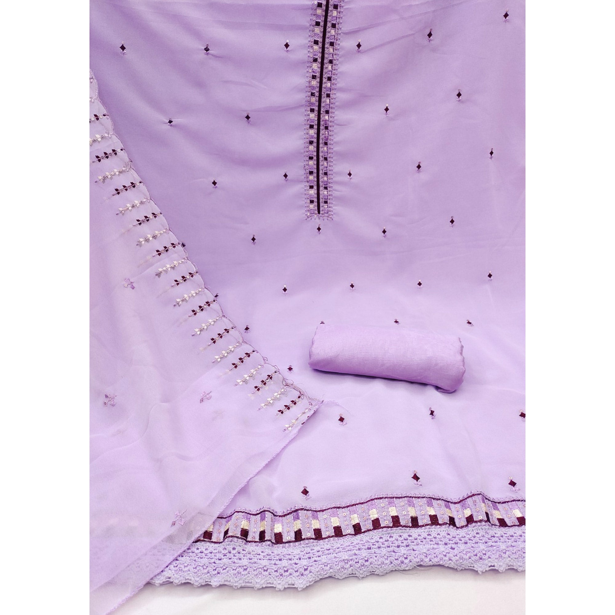 Lavender Sequins & Thread Embroidered Georgette Dress Material