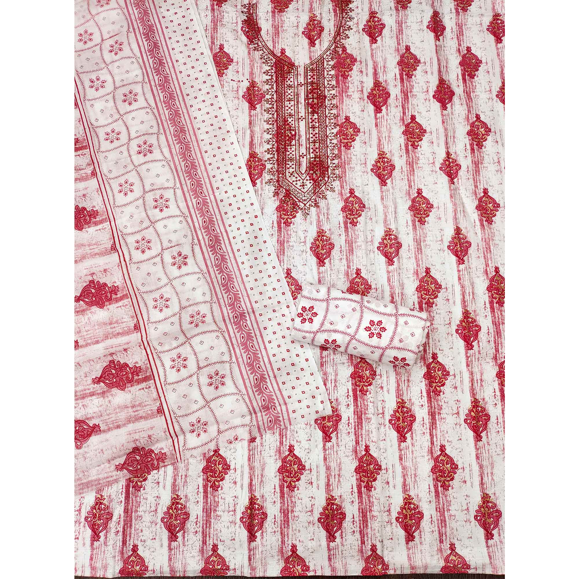 Gajari Pink Printed With Embroidered Cotton Blend Dress Material