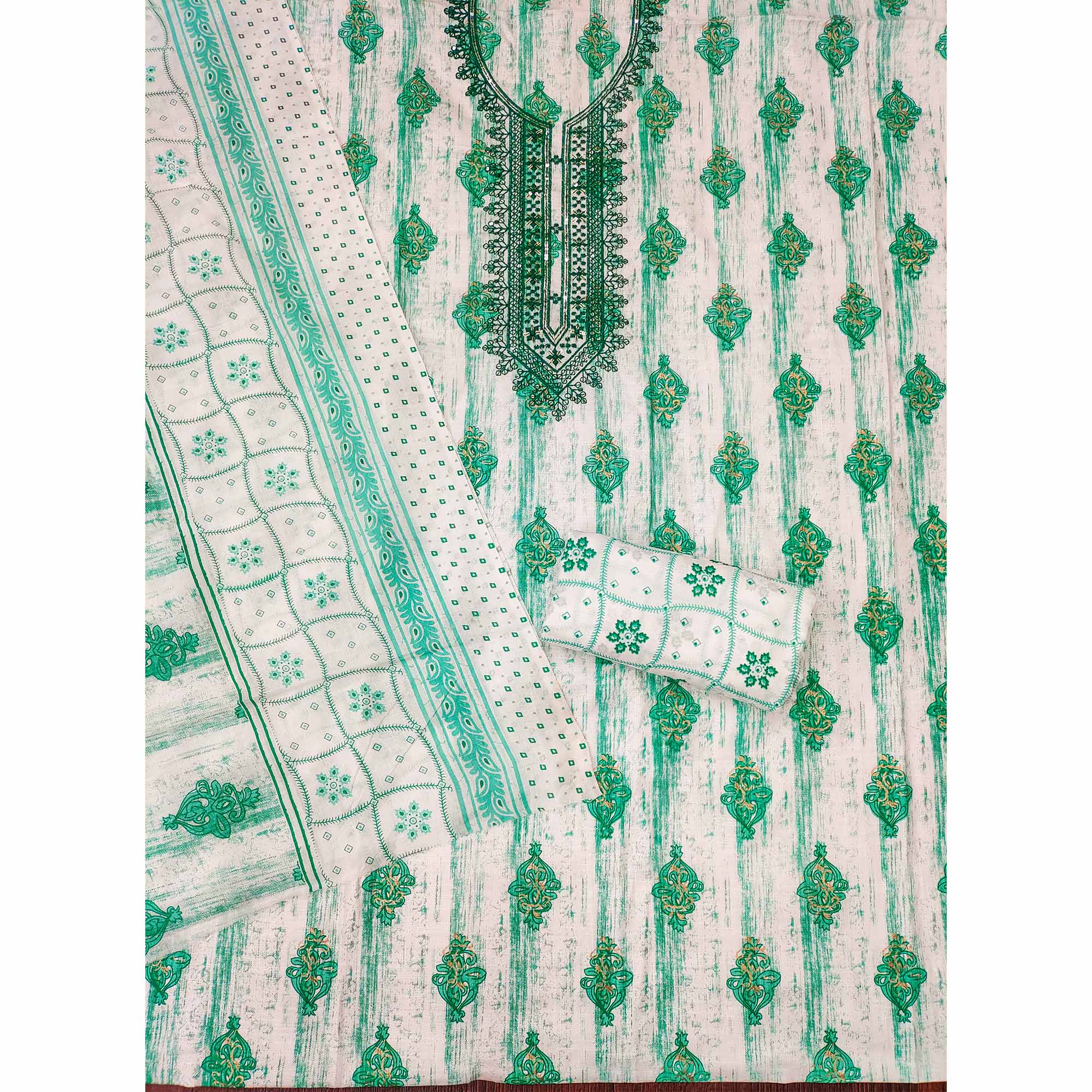 Green Printed With Embroidered Cotton Blend Dress Material
